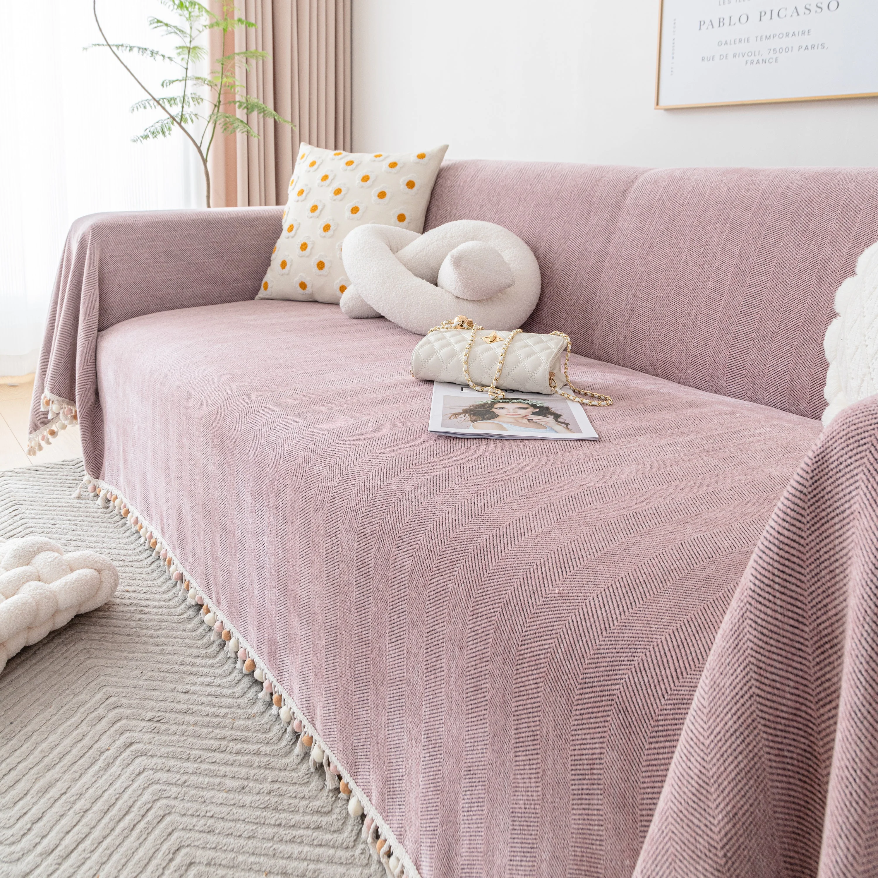 Couch Cover Sectional L Shape Chenille Herringbone Couch Throw Cover with Tassel Pom-Poms for Pets - Image 105