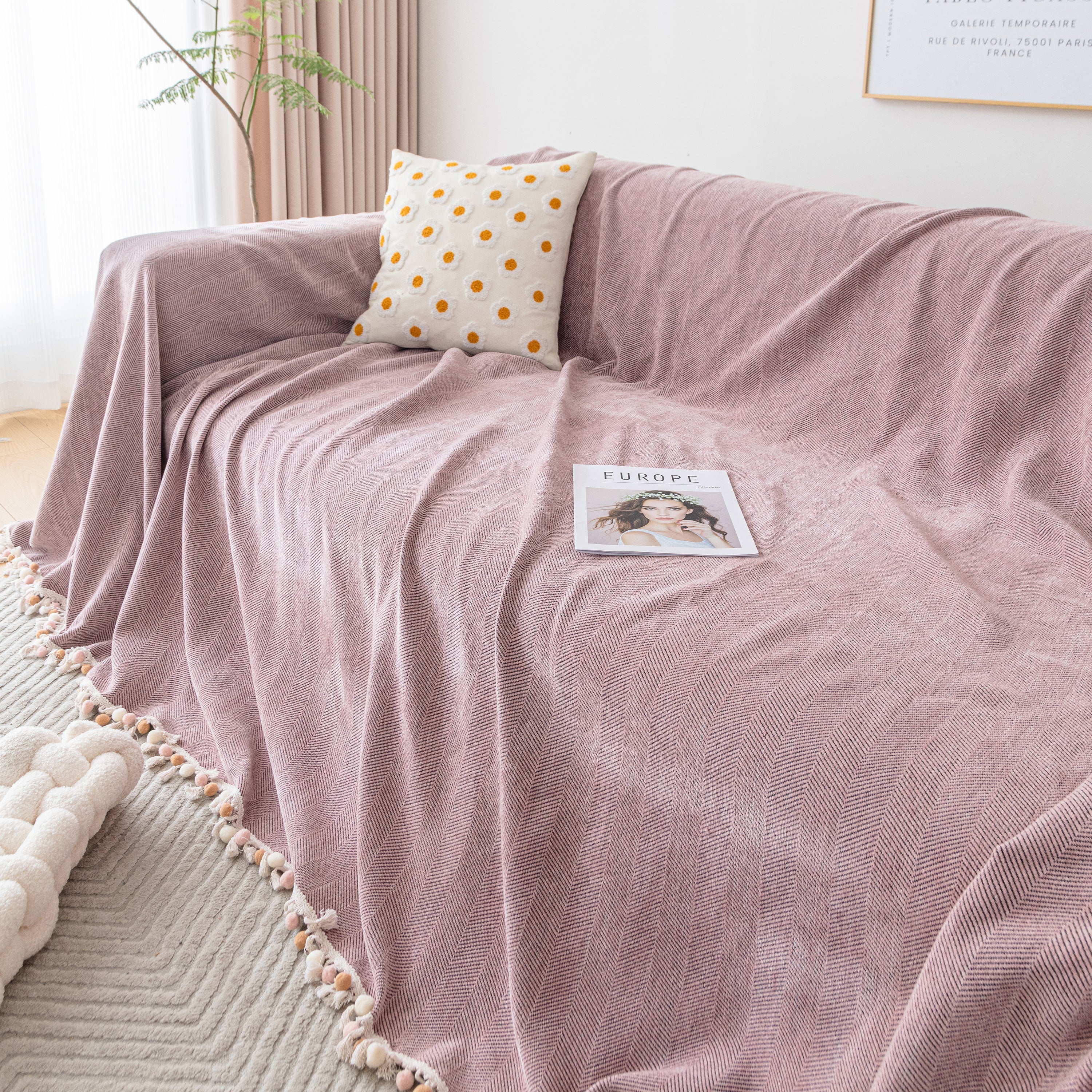 Couch Cover Sectional L Shape Chenille Herringbone Couch Throw Cover with Tassel Pom-Poms for Pets - Image 110