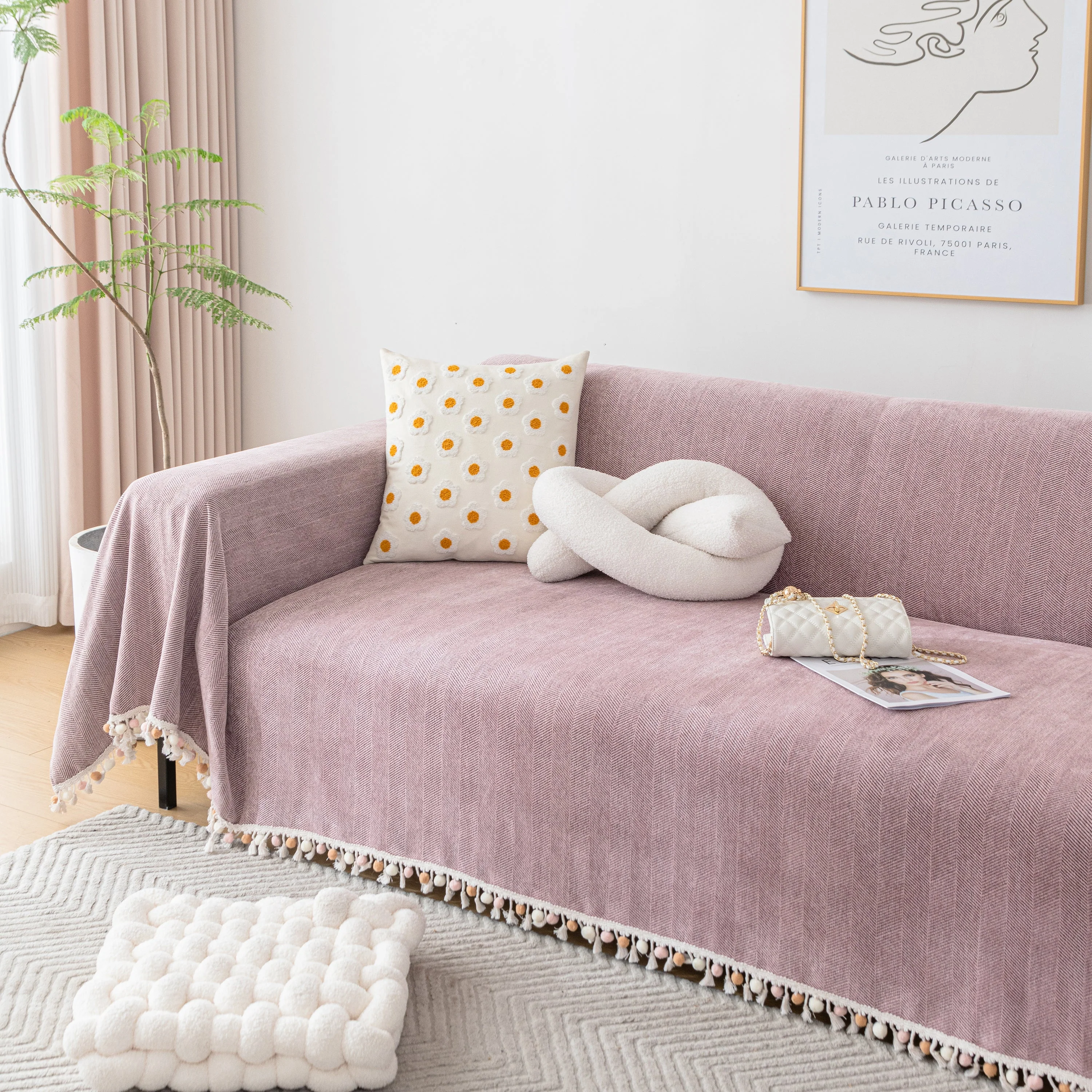 Couch Cover Sectional L Shape Chenille Herringbone Couch Throw Cover with Tassel Pom-Poms for Pets - Image 112