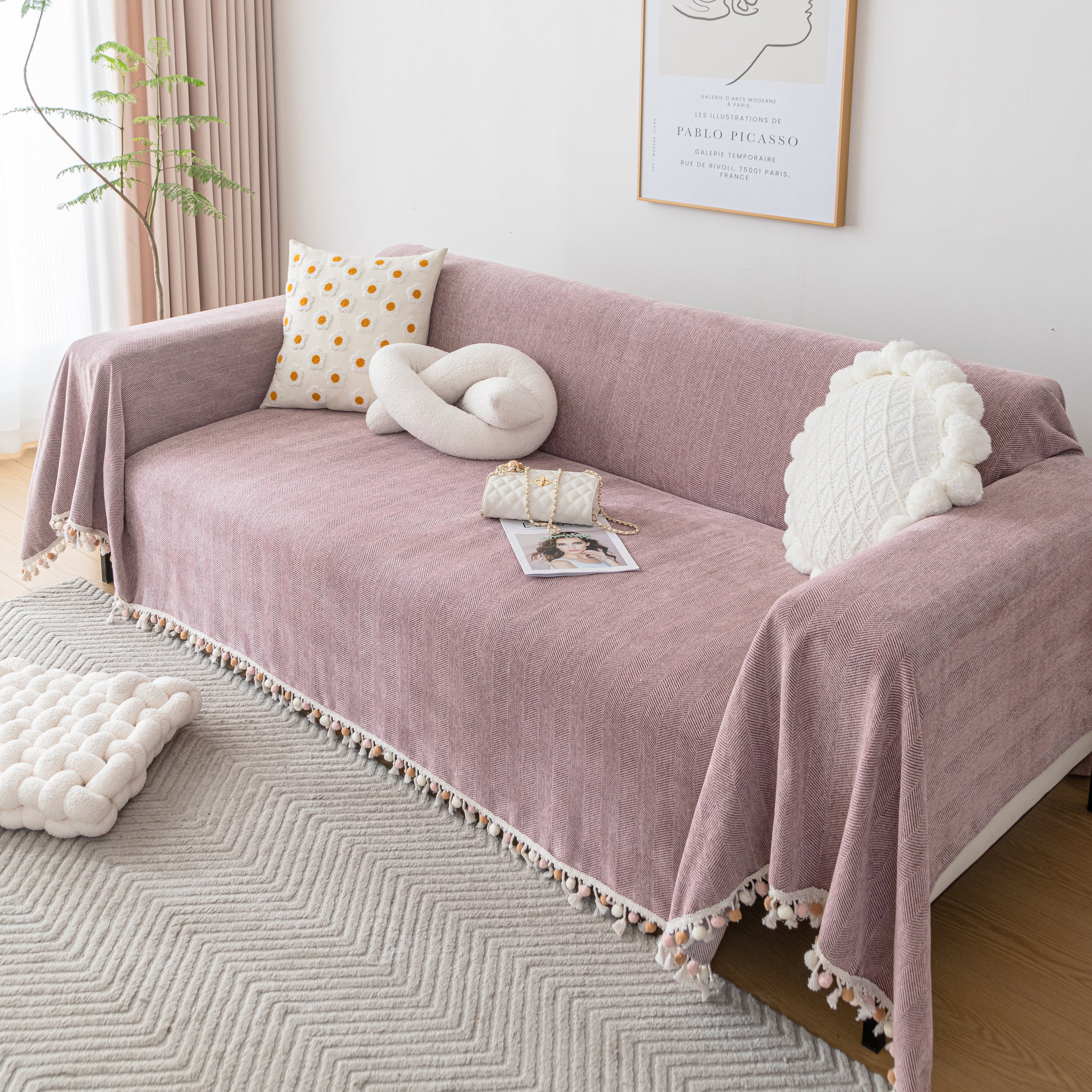 Couch Cover Sectional L Shape Chenille Herringbone Couch Throw Cover with Tassel Pom-Poms for Pets - Image 113