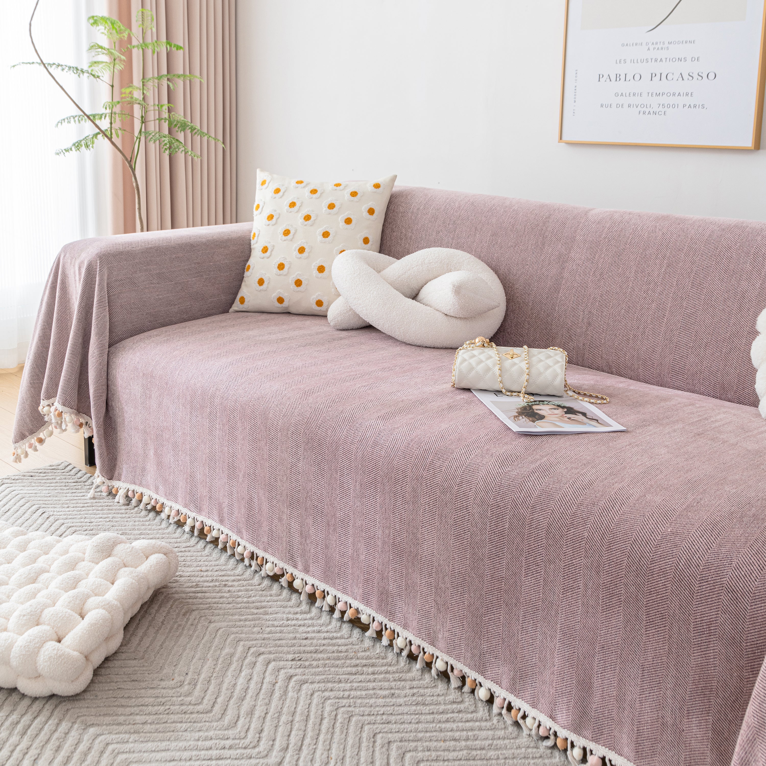 Couch Cover Sectional L Shape Chenille Herringbone Couch Throw Cover with Tassel Pom-Poms for Pets - Image 114