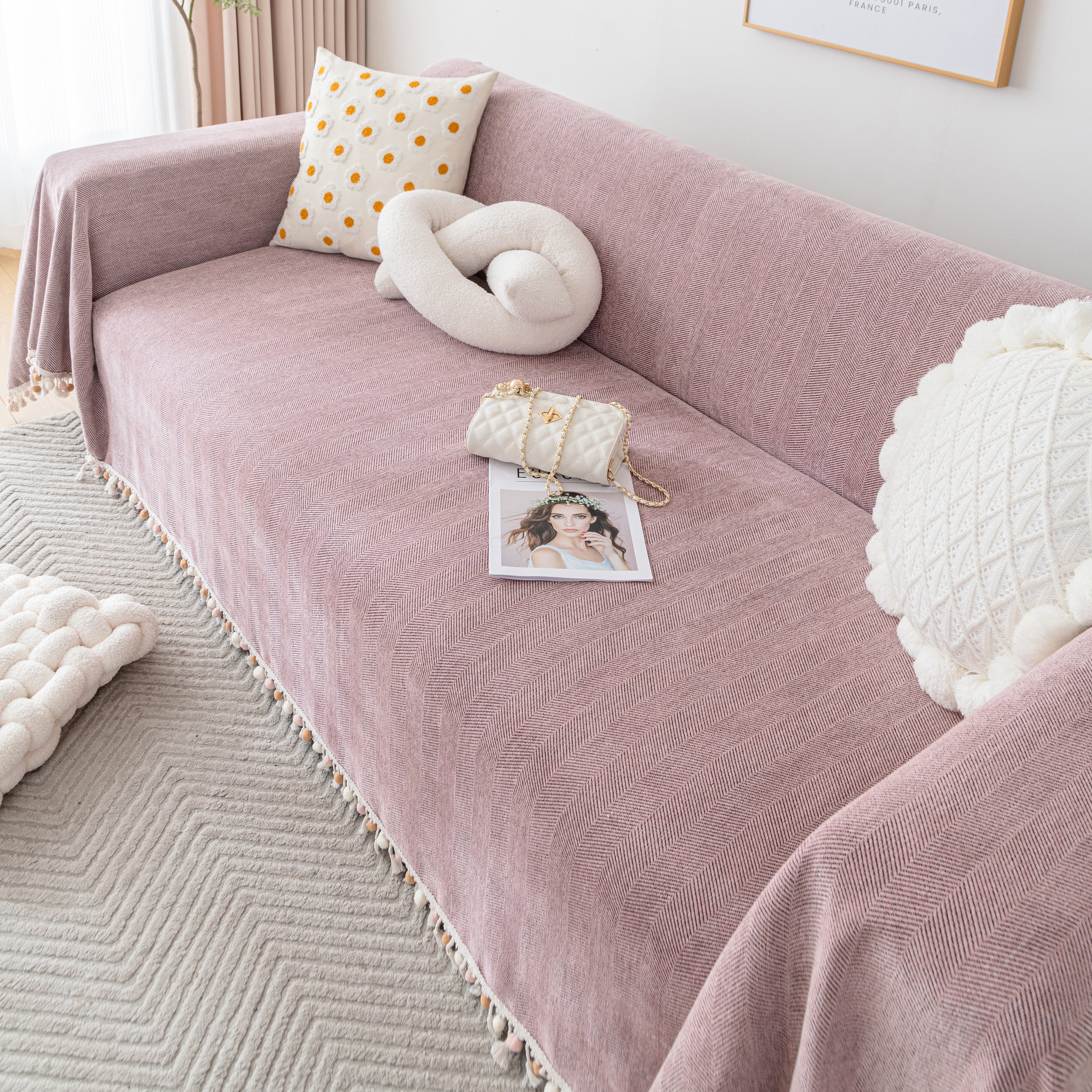Couch Cover Sectional L Shape Chenille Herringbone Couch Throw Cover with Tassel Pom-Poms for Pets - Image 115