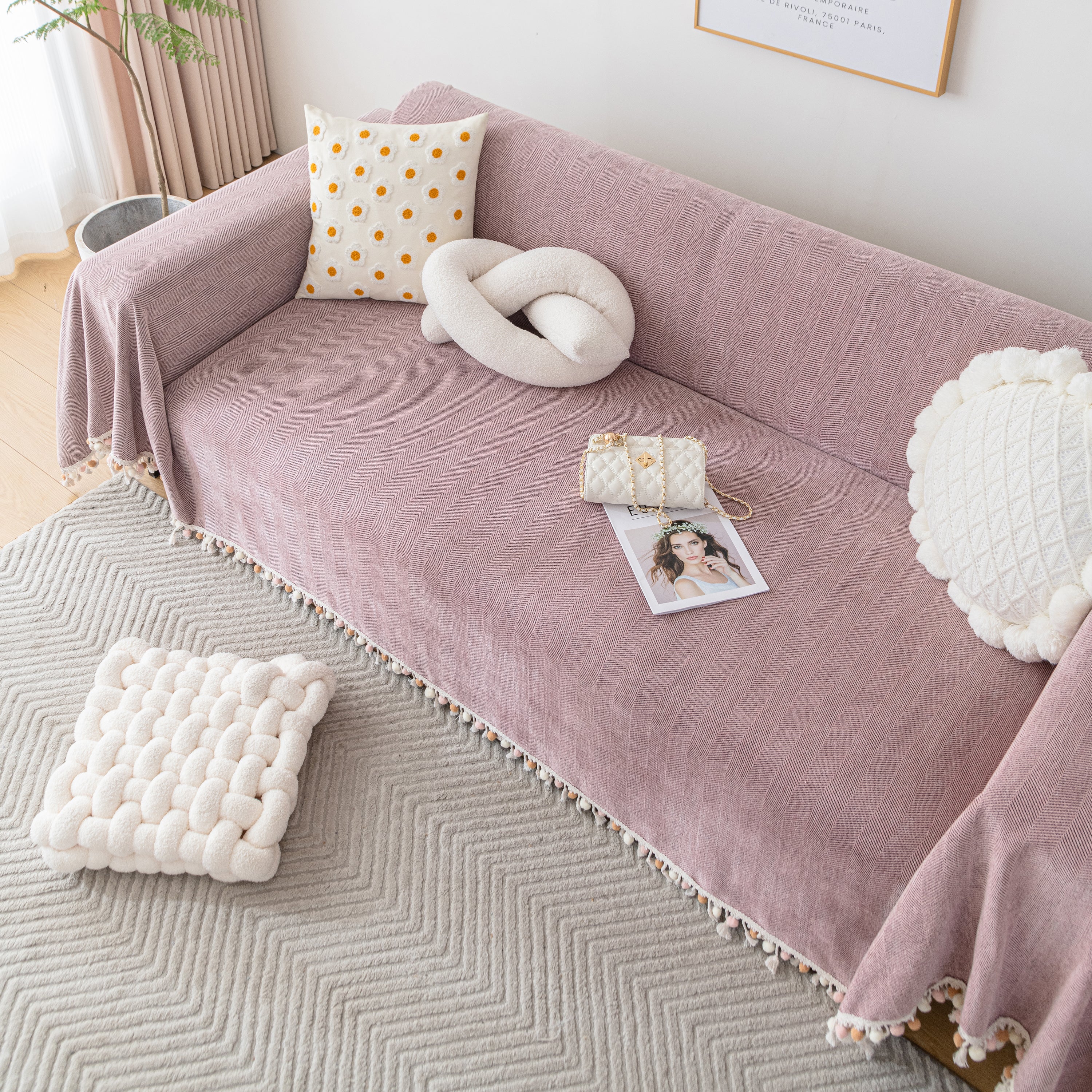 Couch Cover Sectional L Shape Chenille Herringbone Couch Throw Cover with Tassel Pom-Poms for Pets - Image 116