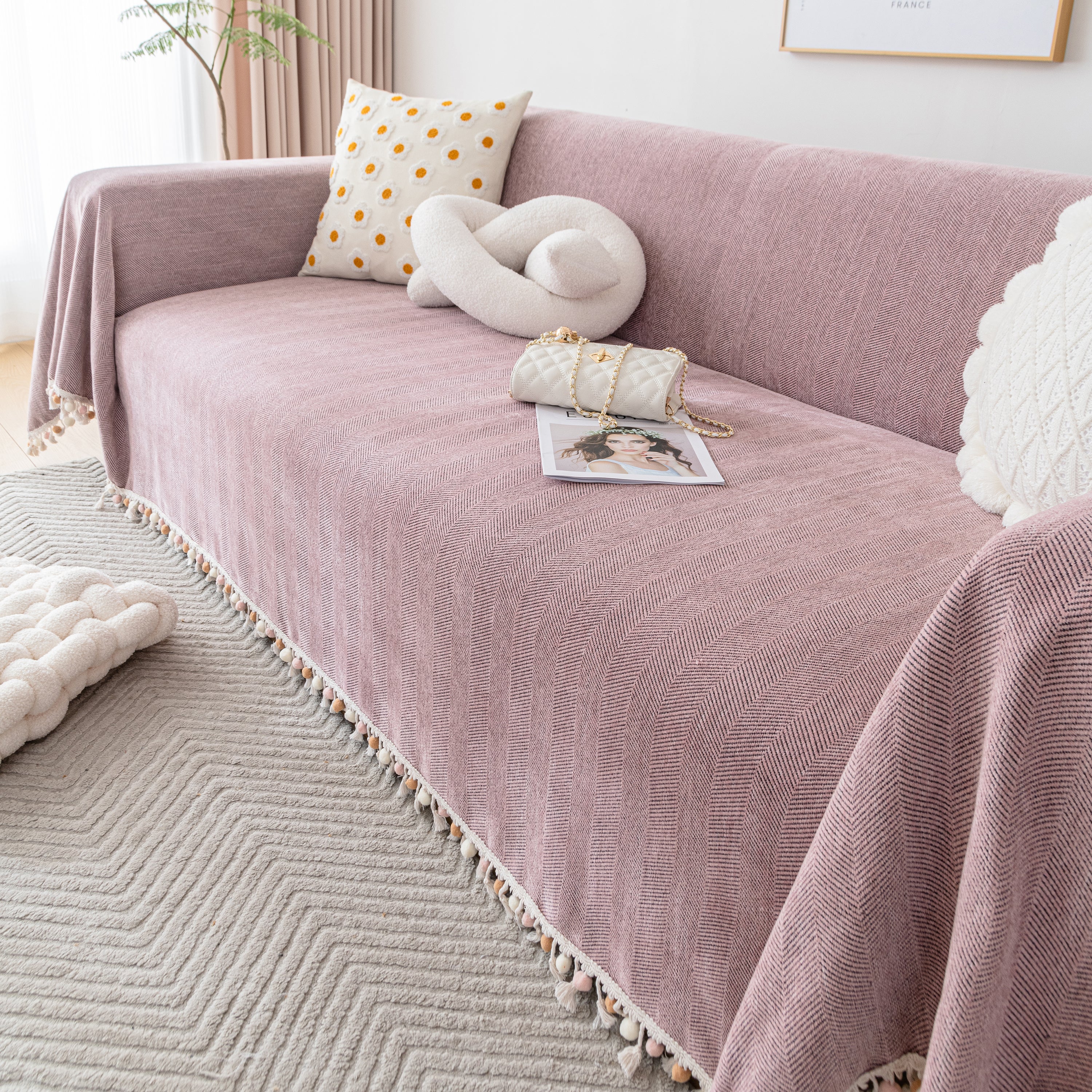 Couch Cover Sectional L Shape Chenille Herringbone Couch Throw Cover with Tassel Pom-Poms for Pets - Image 117