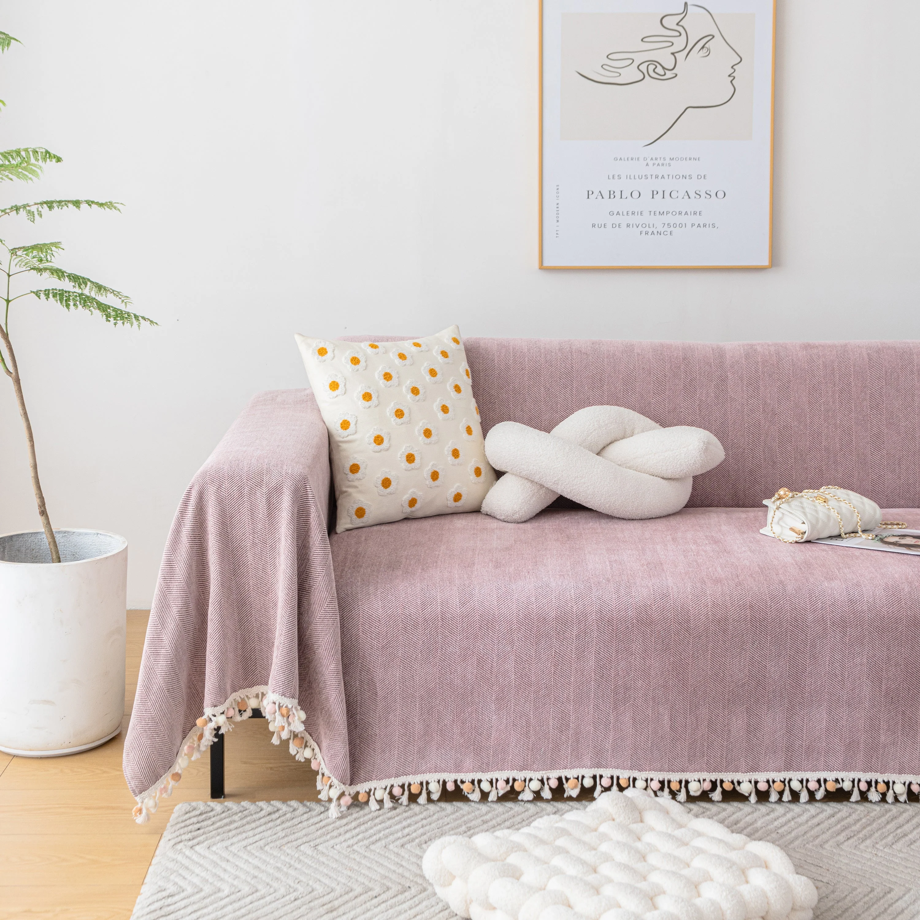 Couch Cover Sectional L Shape Chenille Herringbone Couch Throw Cover with Tassel Pom-Poms for Pets - Image 118