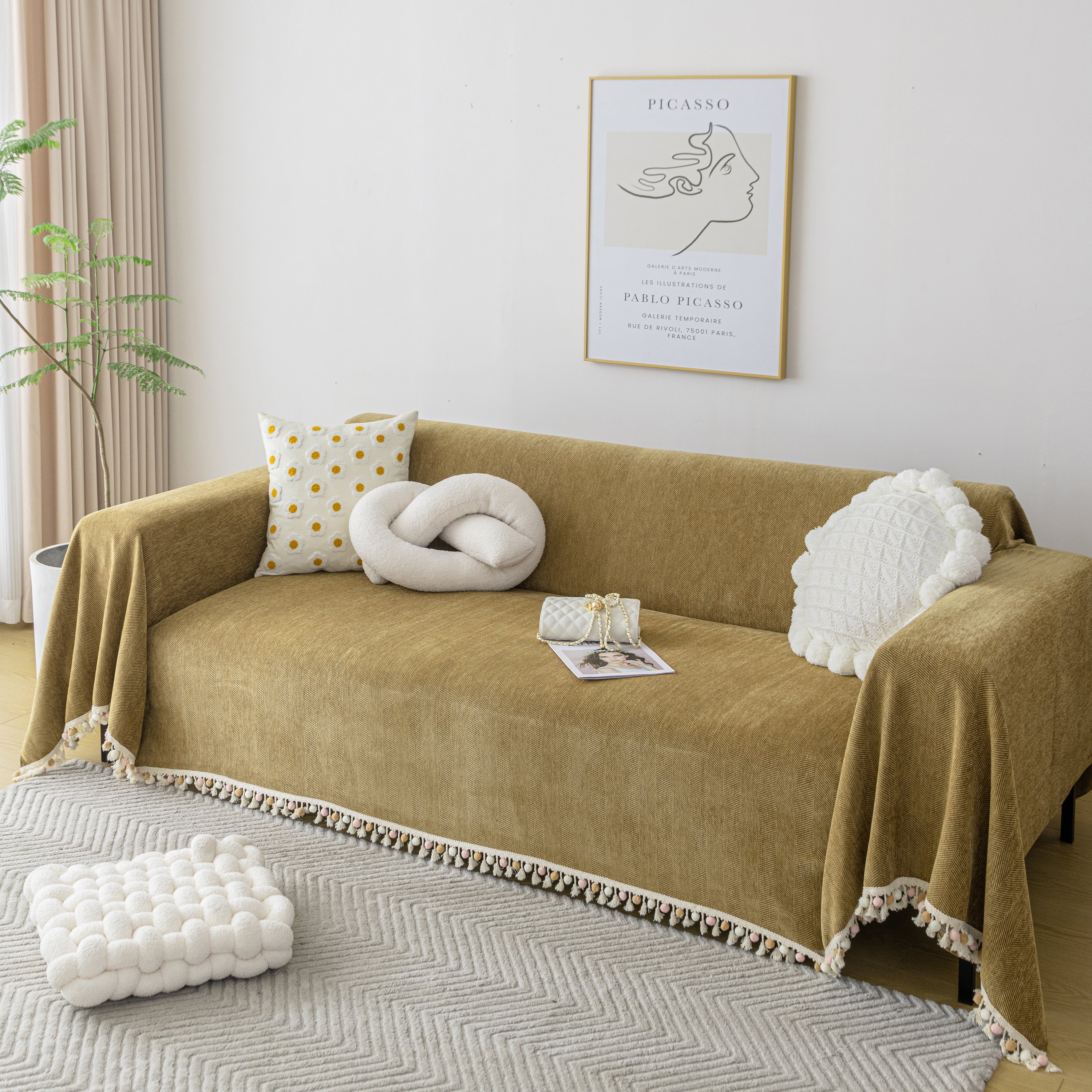 Couch Cover Sectional L Shape Chenille Herringbone Couch Throw Cover with Tassel Pom-Poms for Pets - Image 119