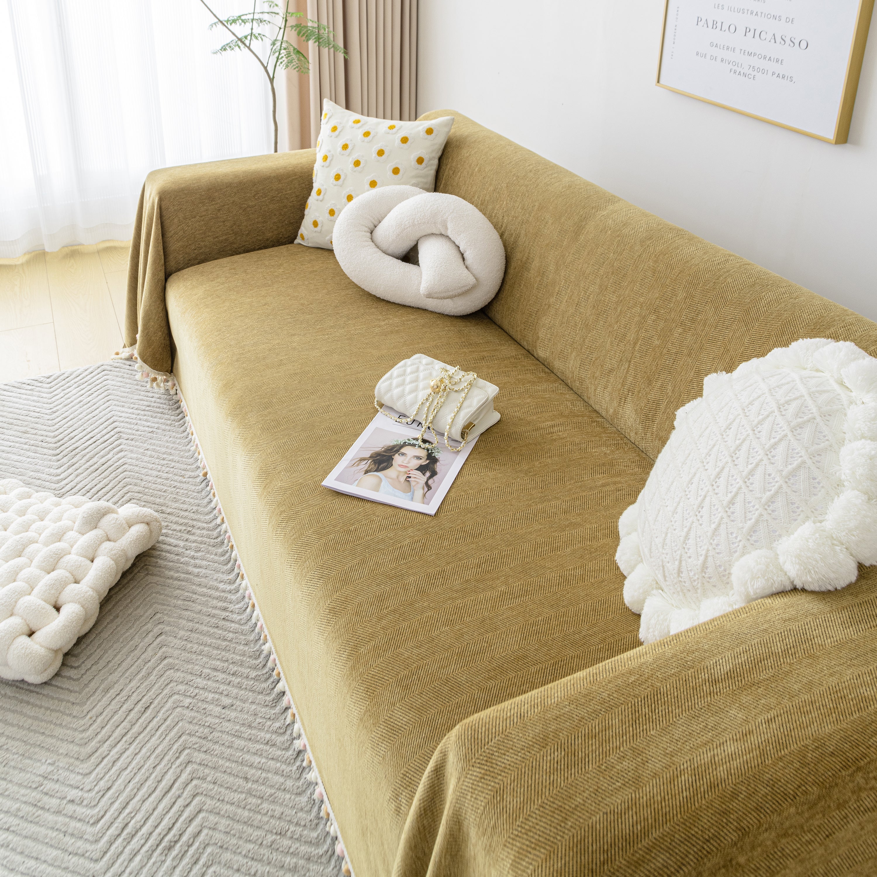 Couch Cover Sectional L Shape Chenille Herringbone Couch Throw Cover with Tassel Pom-Poms for Pets - Image 120