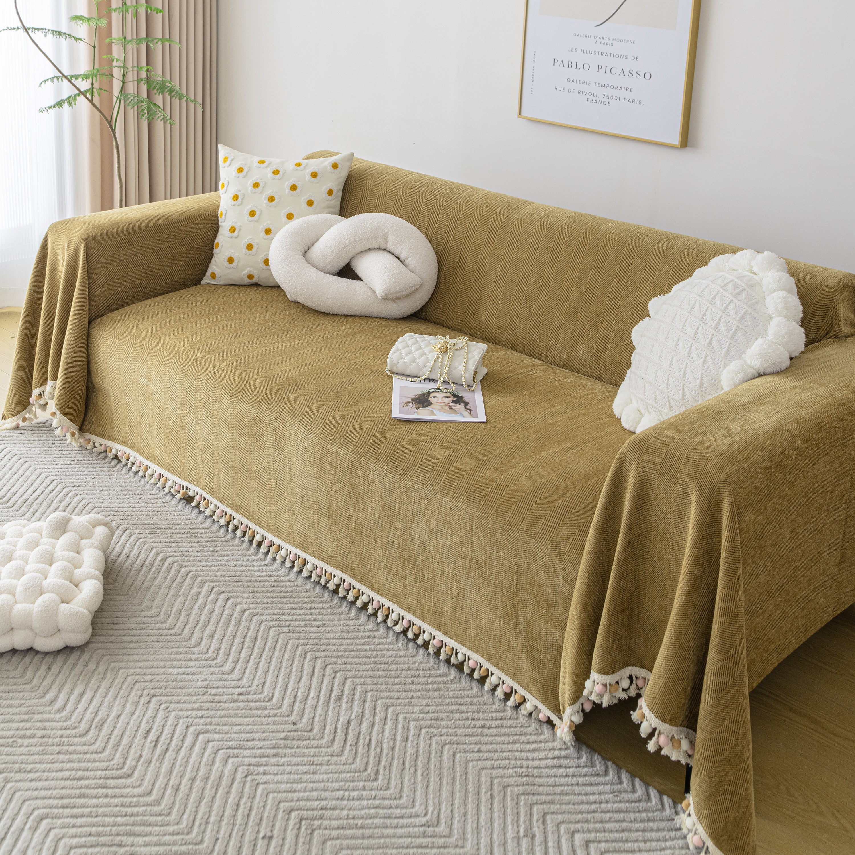 Couch Cover Sectional L Shape Chenille Herringbone Couch Throw Cover with Tassel Pom-Poms for Pets - Image 121