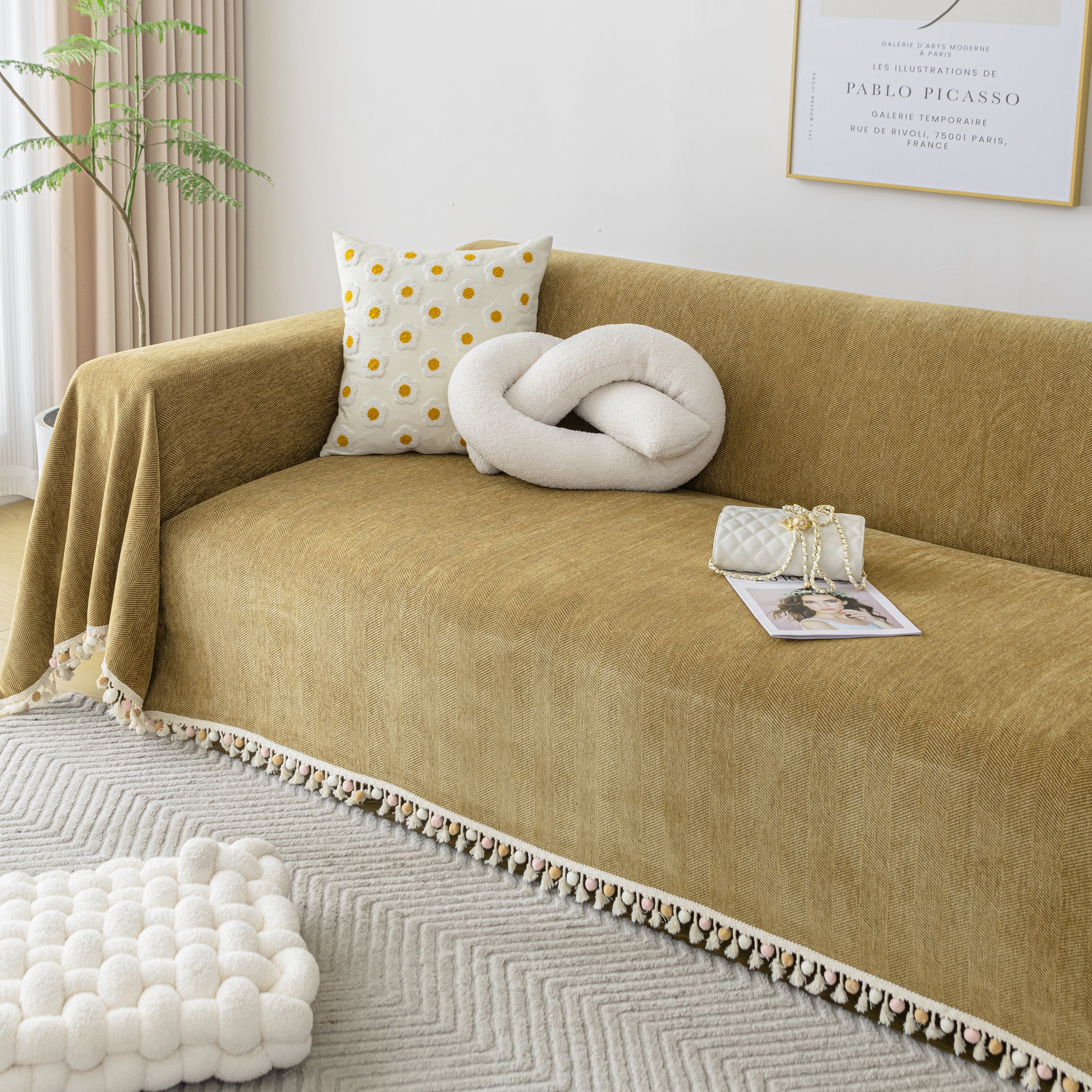 Couch Cover Sectional L Shape Chenille Herringbone Couch Throw Cover with Tassel Pom-Poms for Pets - Image 122