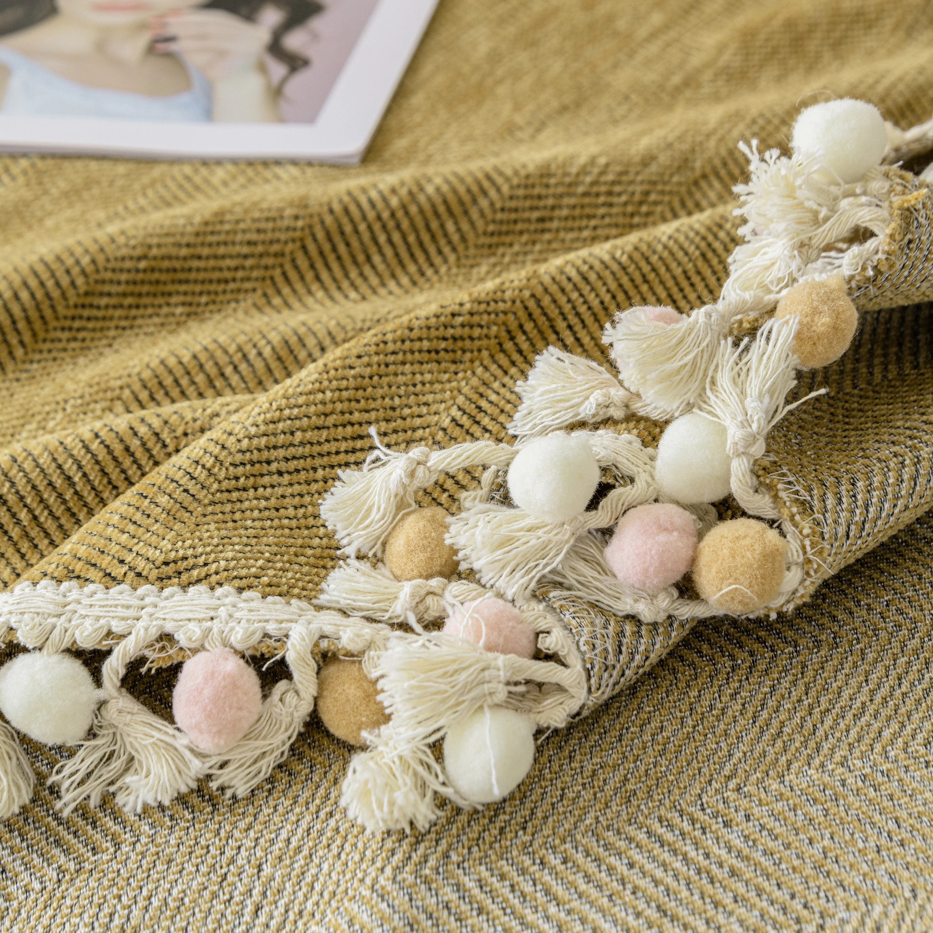 Couch Cover Sectional L Shape Chenille Herringbone Couch Throw Cover with Tassel Pom-Poms for Pets - Image 127