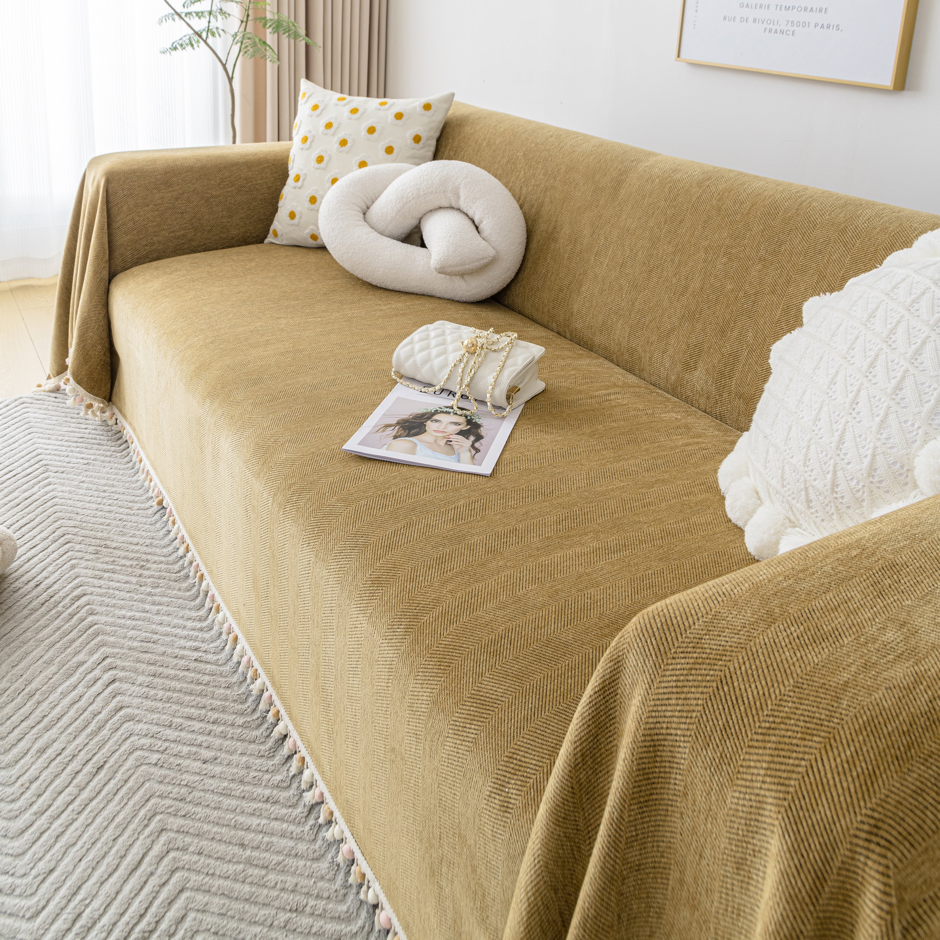 Couch Cover Sectional L Shape Chenille Herringbone Couch Throw Cover with Tassel Pom-Poms for Pets - Image 128