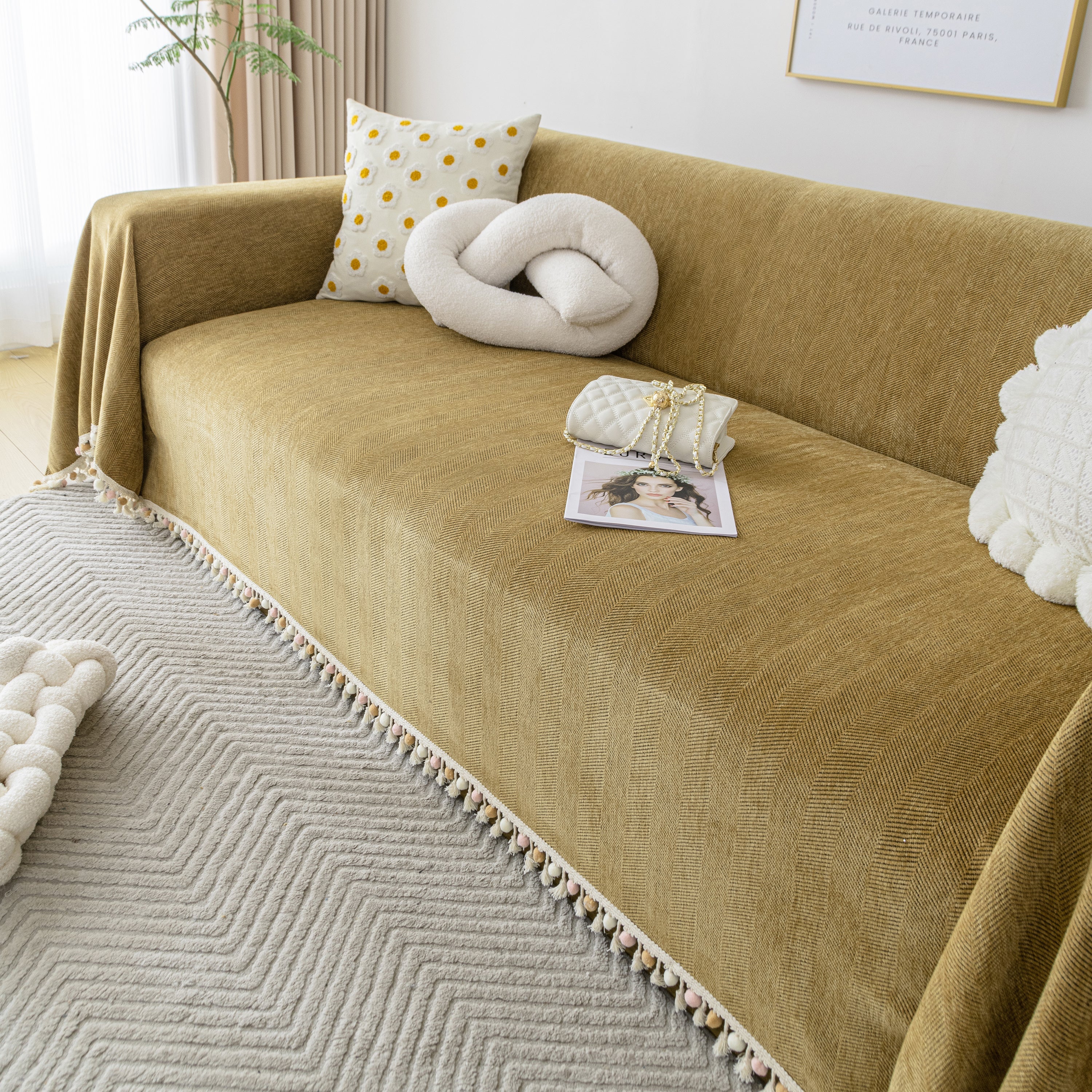 Couch Cover Sectional L Shape Chenille Herringbone Couch Throw Cover with Tassel Pom-Poms for Pets - Image 129