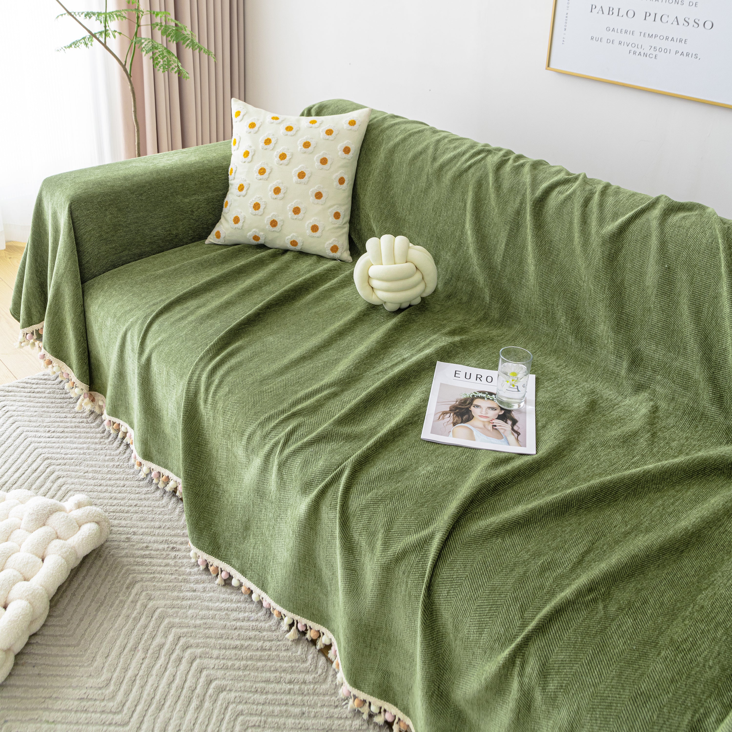 Couch Cover Sectional L Shape Chenille Herringbone Couch Throw Cover with Tassel Pom-Poms for Pets - Image 13