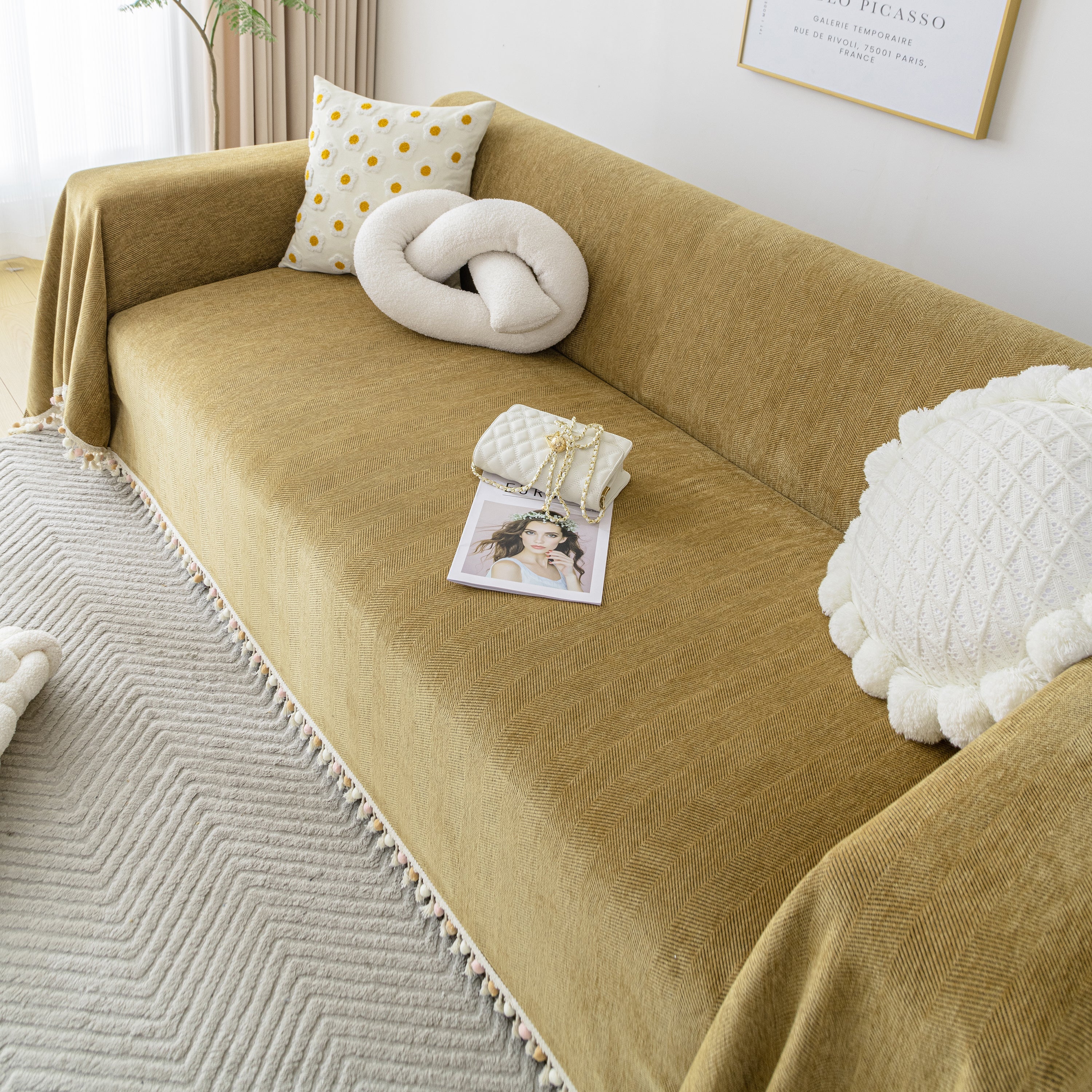 Couch Cover Sectional L Shape Chenille Herringbone Couch Throw Cover with Tassel Pom-Poms for Pets - Image 130