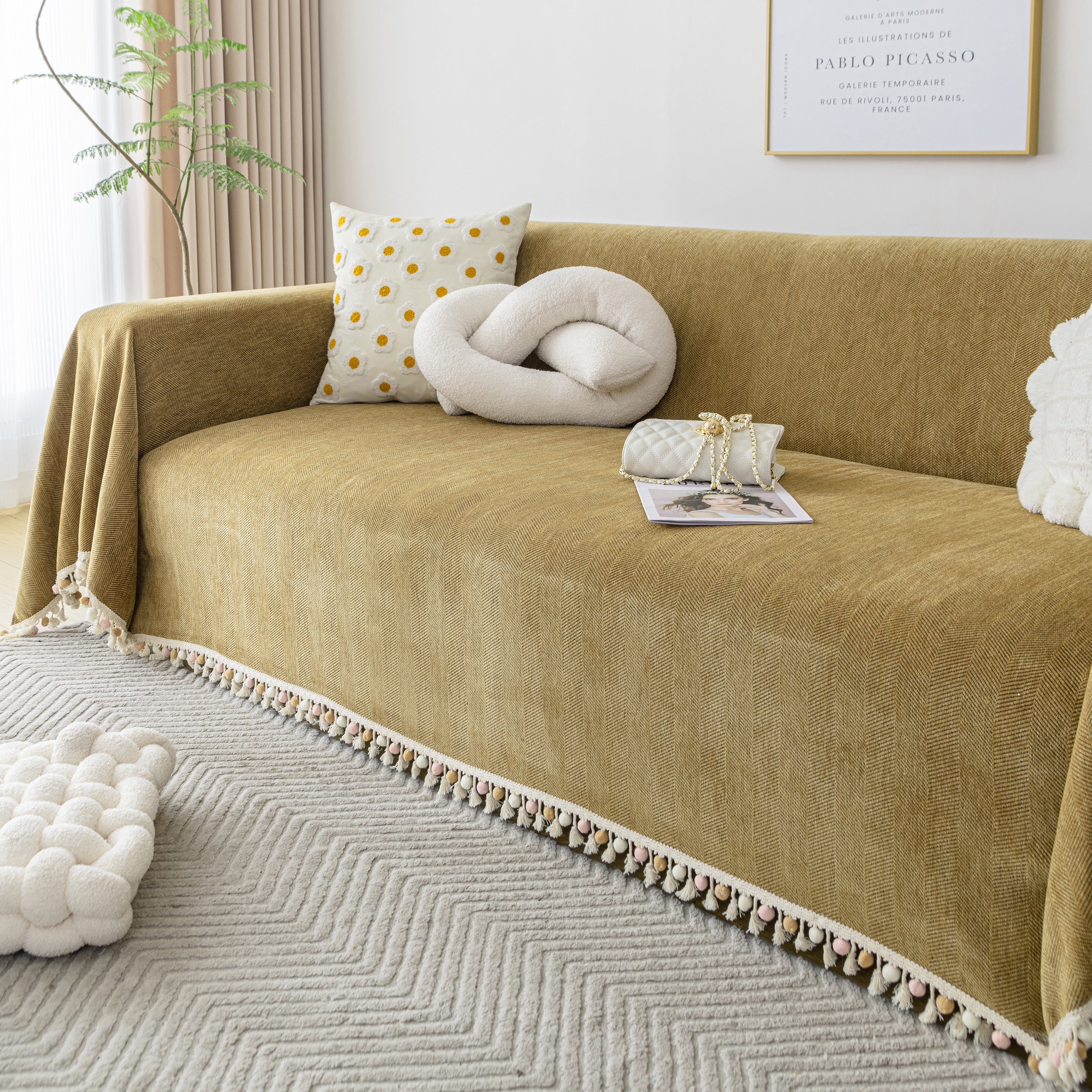 Couch Cover Sectional L Shape Chenille Herringbone Couch Throw Cover with Tassel Pom-Poms for Pets - Image 131