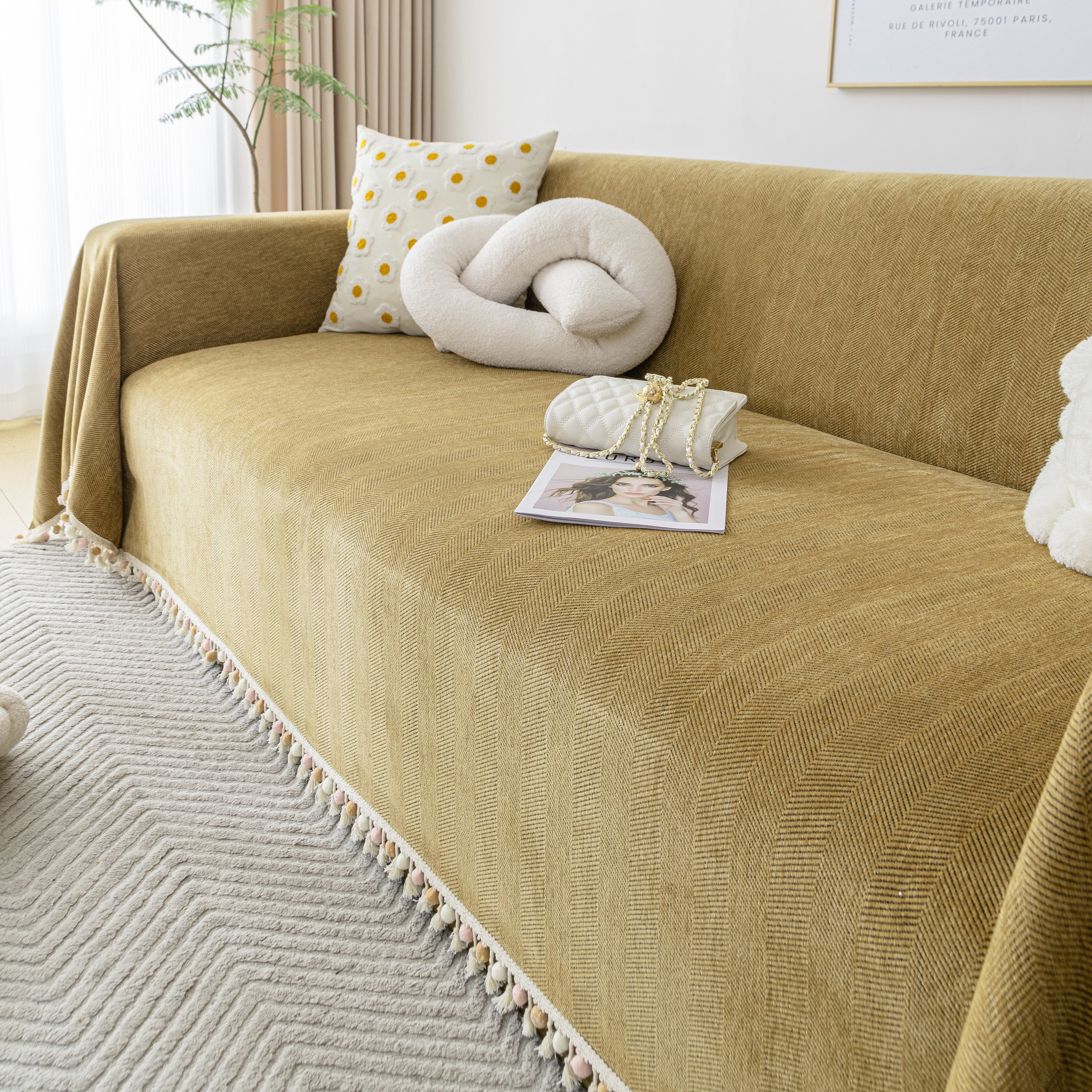 Couch Cover Sectional L Shape Chenille Herringbone Couch Throw Cover with Tassel Pom-Poms for Pets - Image 132