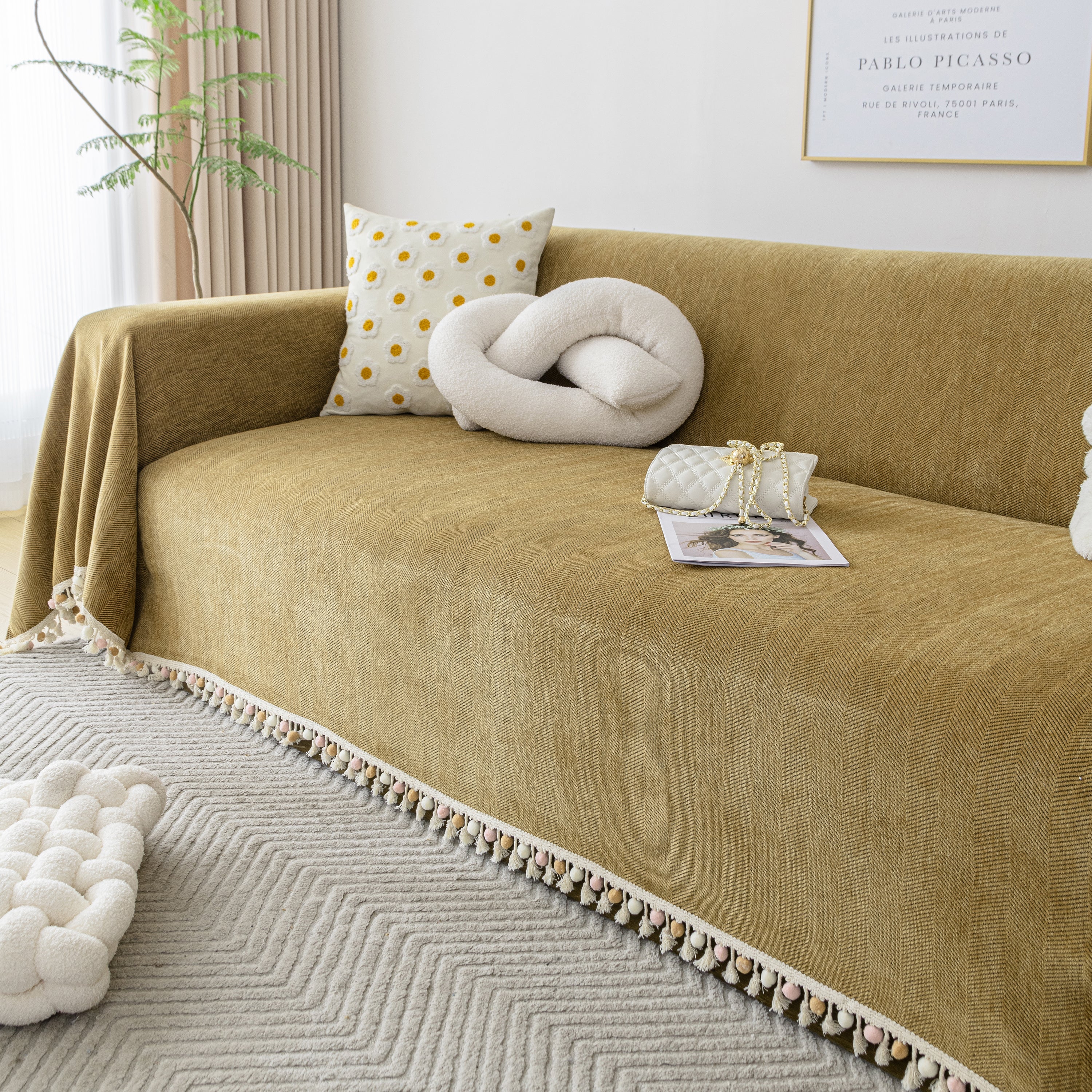 Couch Cover Sectional L Shape Chenille Herringbone Couch Throw Cover with Tassel Pom-Poms for Pets - Image 133