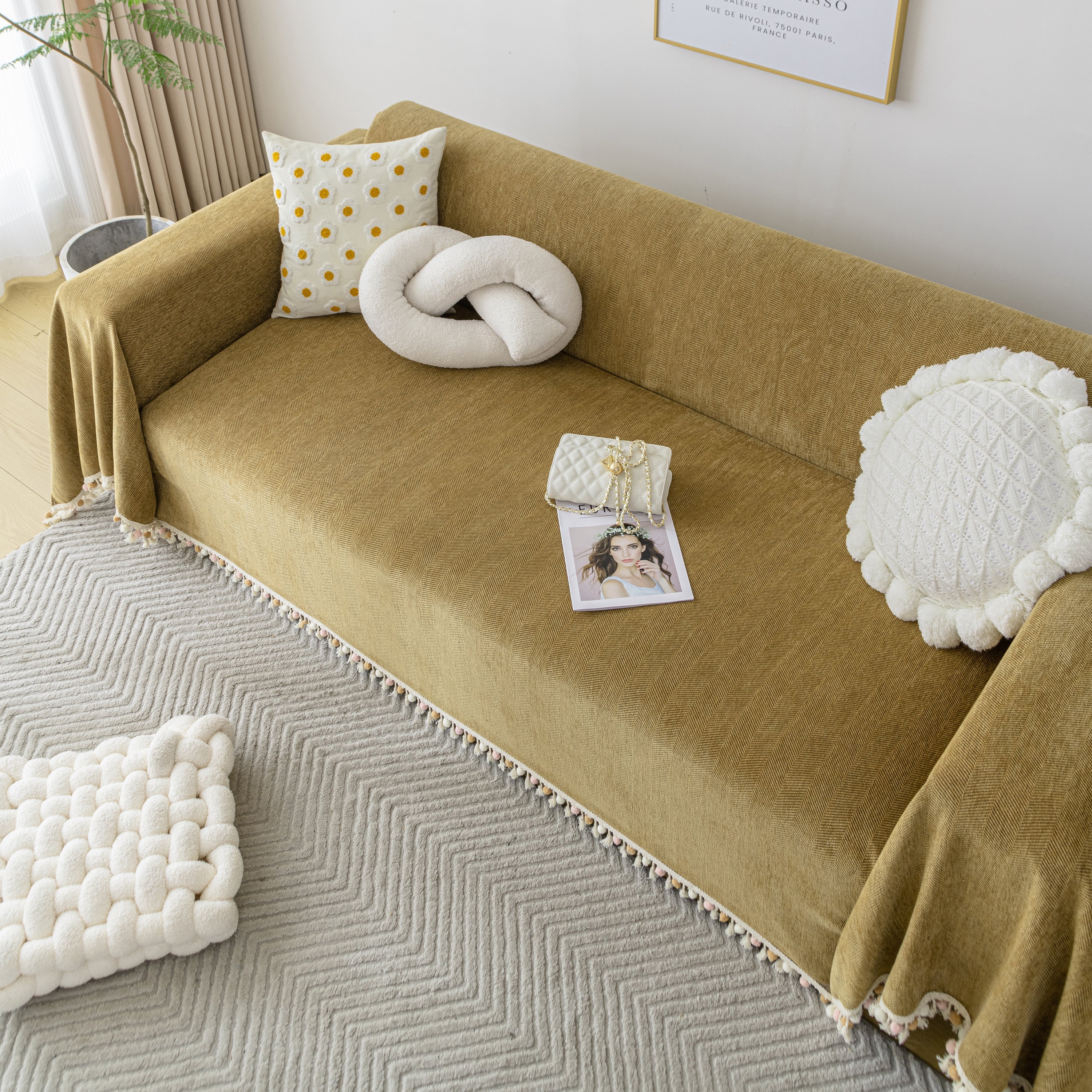 Couch Cover Sectional L Shape Chenille Herringbone Couch Throw Cover with Tassel Pom-Poms for Pets - Image 134