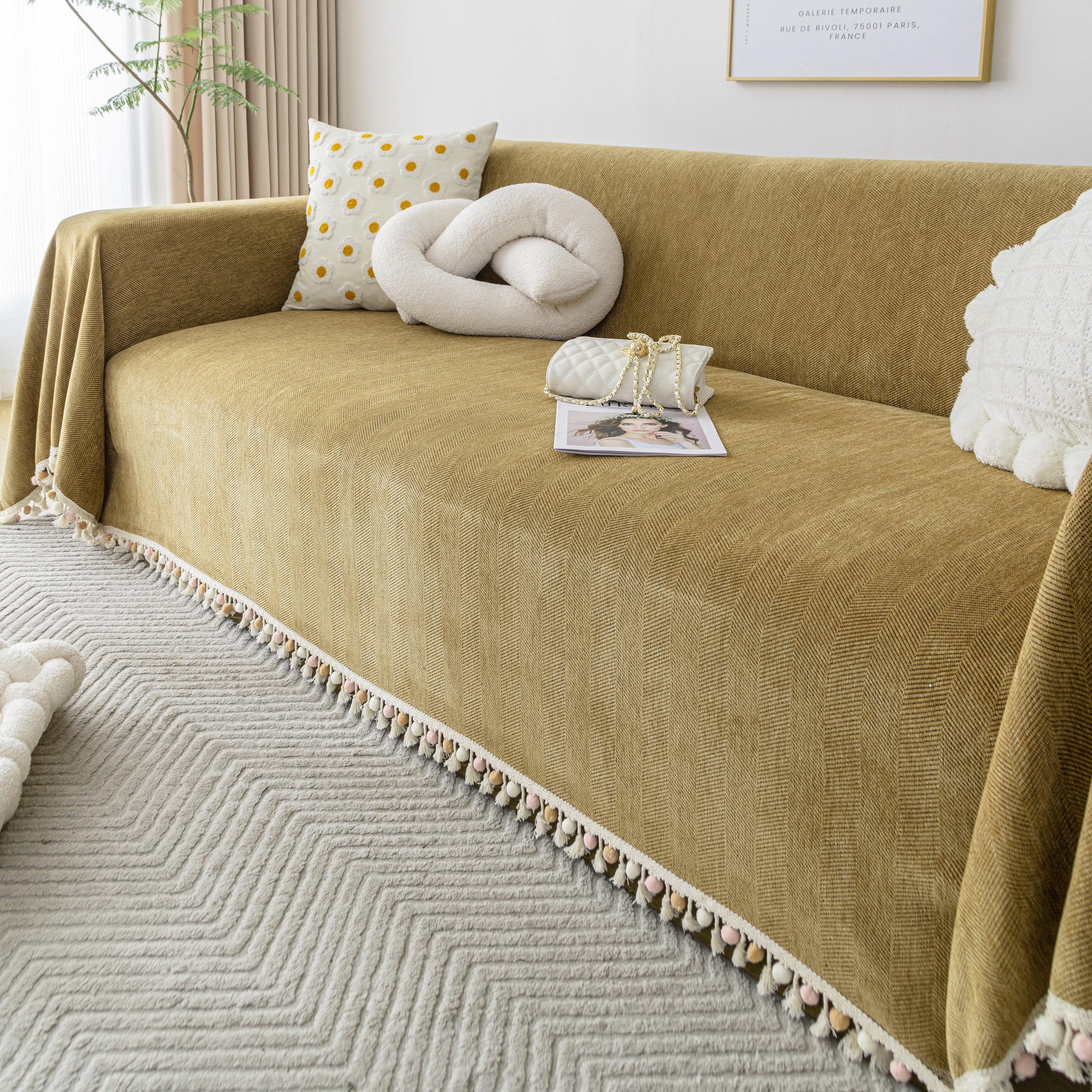Couch Cover Sectional L Shape Chenille Herringbone Couch Throw Cover with Tassel Pom-Poms for Pets - Image 135