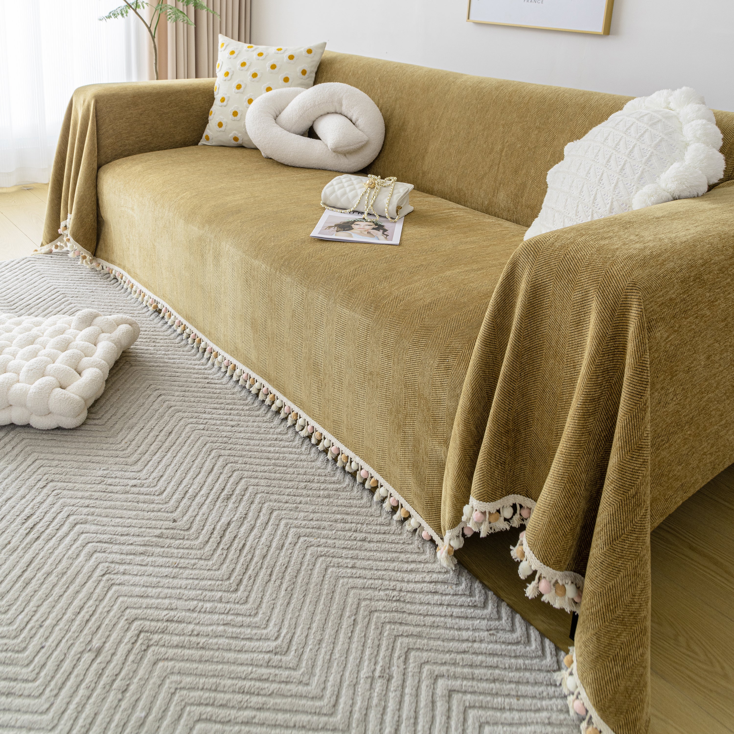 Couch Cover Sectional L Shape Chenille Herringbone Couch Throw Cover with Tassel Pom-Poms for Pets - Image 136
