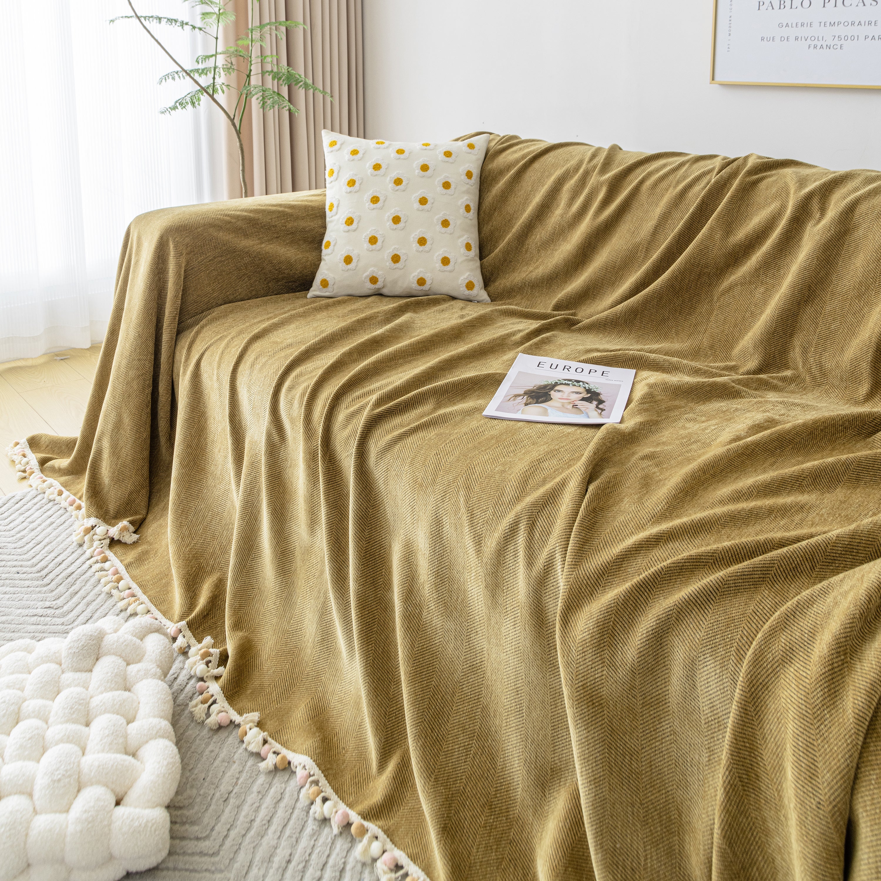 Couch Cover Sectional L Shape Chenille Herringbone Couch Throw Cover with Tassel Pom-Poms for Pets - Image 137