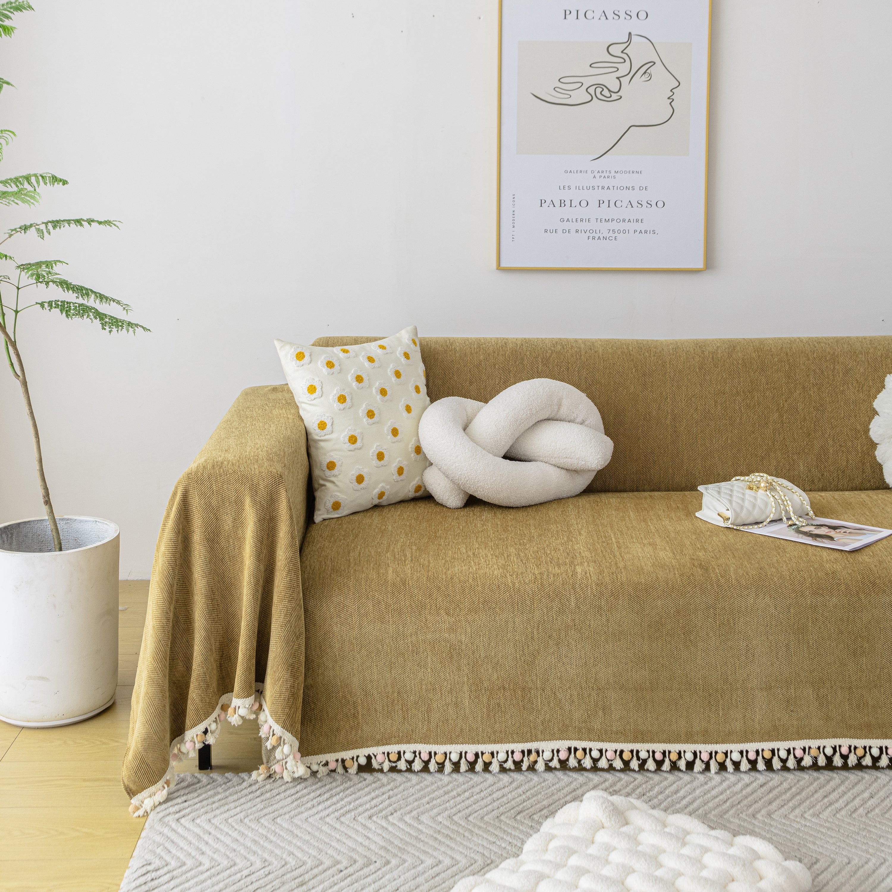 Couch Cover Sectional L Shape Chenille Herringbone Couch Throw Cover with Tassel Pom-Poms for Pets - Image 138