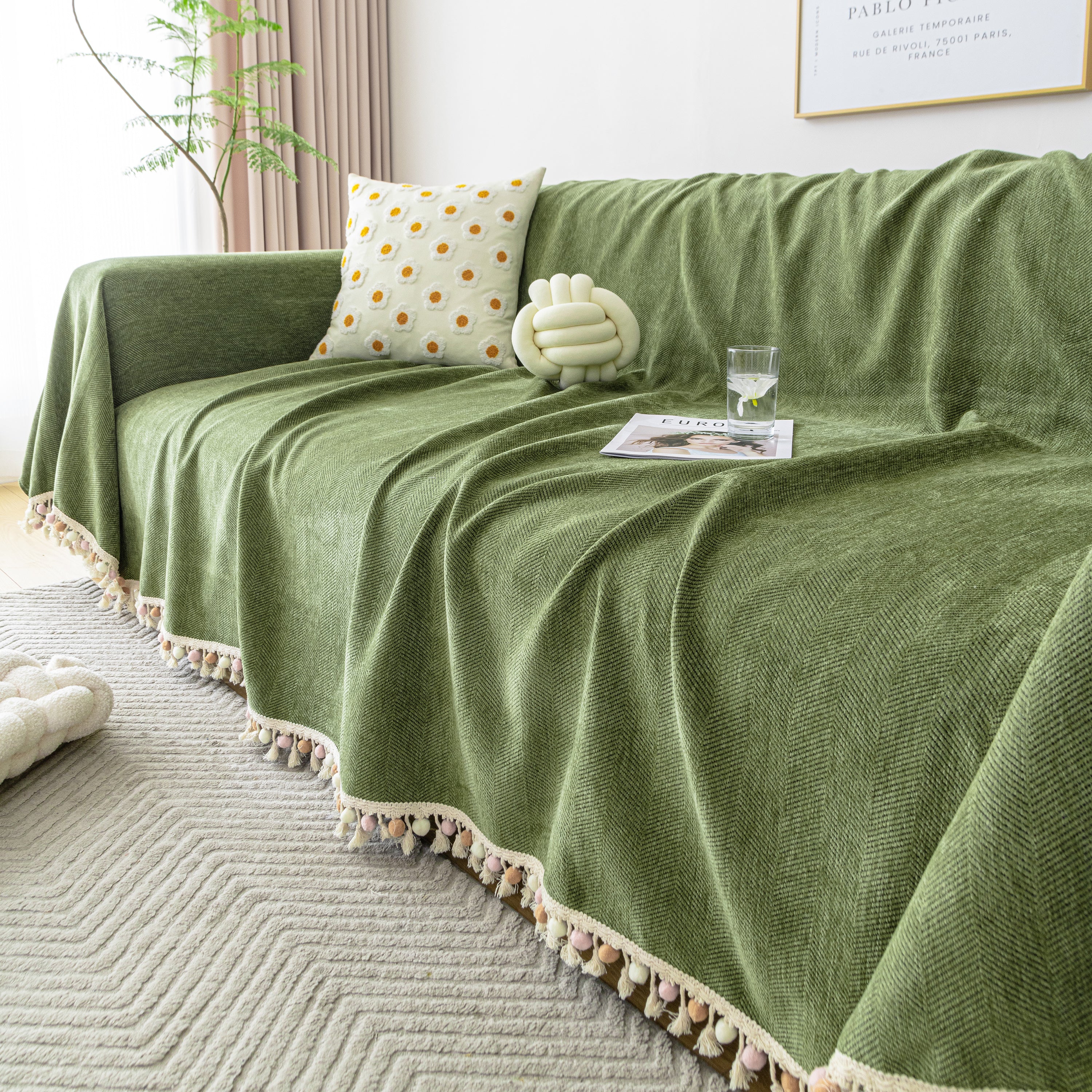 Couch Cover Sectional L Shape Chenille Herringbone Couch Throw Cover with Tassel Pom-Poms for Pets - Image 14