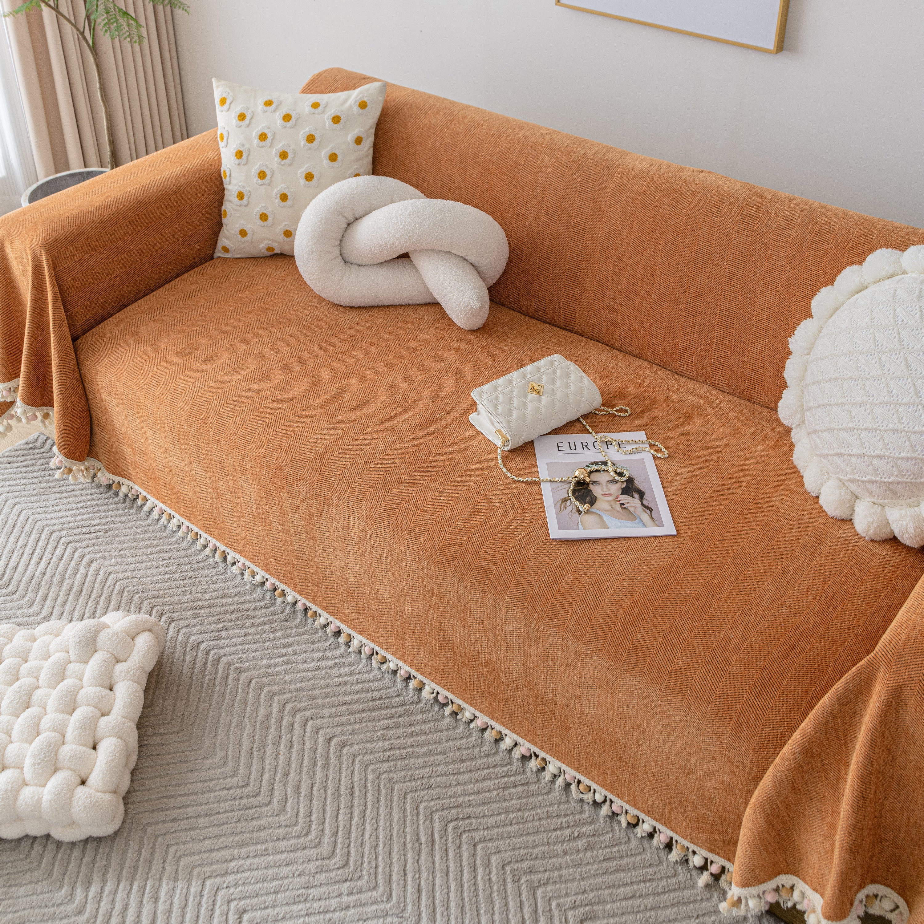 Couch Cover Sectional L Shape Chenille Herringbone Couch Throw Cover with Tassel Pom-Poms for Pets - Image 140