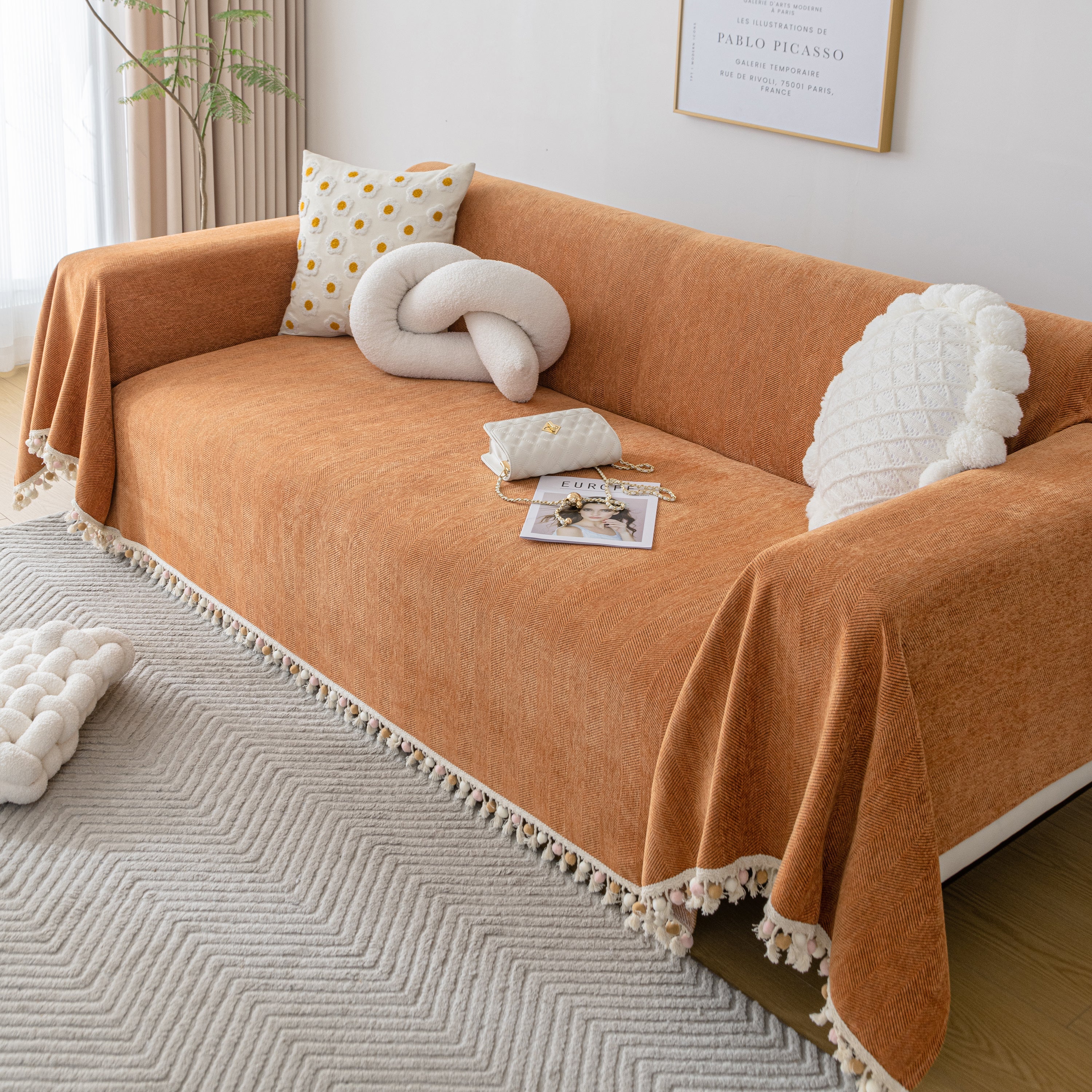 Couch Cover Sectional L Shape Chenille Herringbone Couch Throw Cover with Tassel Pom-Poms for Pets - Image 141
