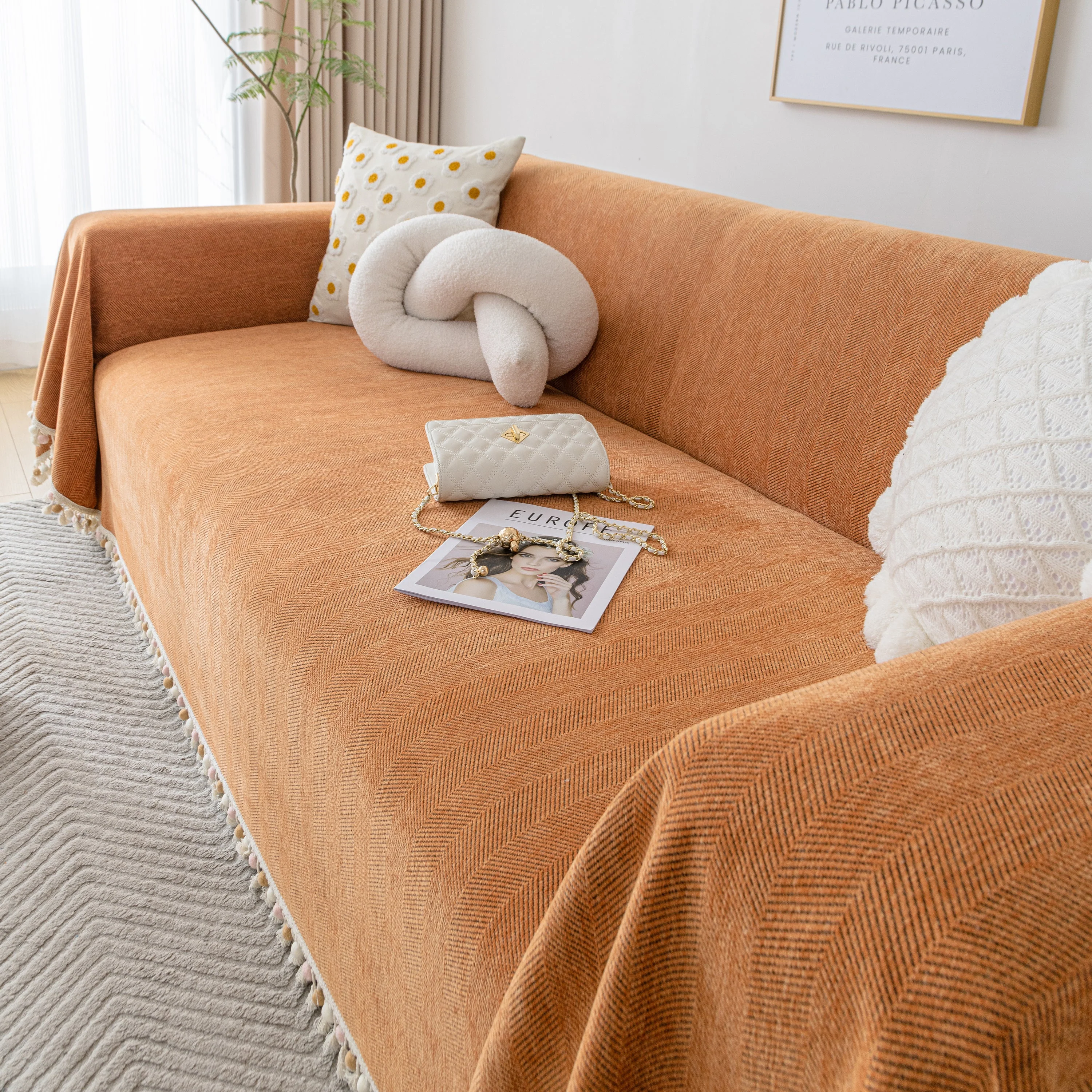 Couch Cover Sectional L Shape Chenille Herringbone Couch Throw Cover with Tassel Pom-Poms for Pets - Image 142