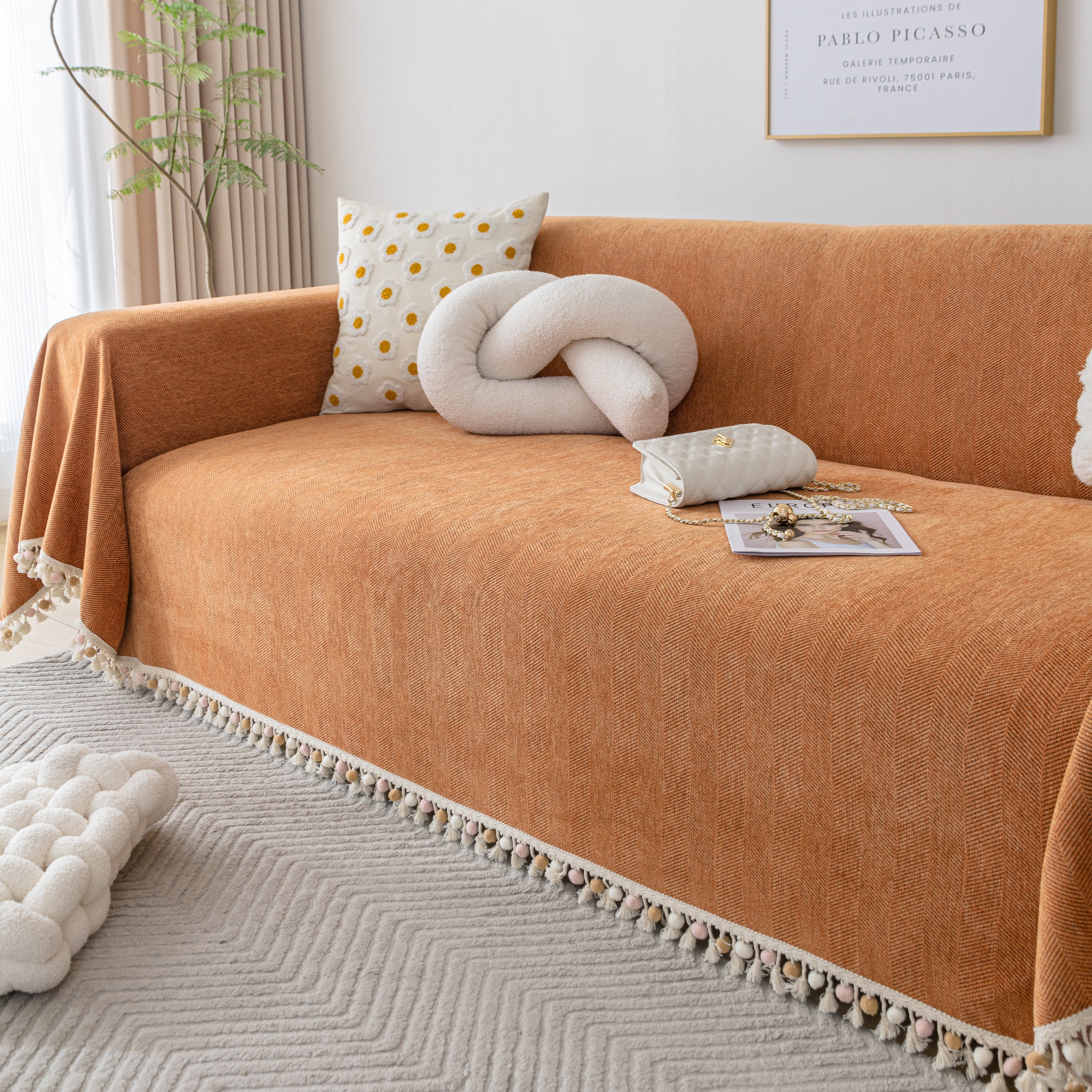 Couch Cover Sectional L Shape Chenille Herringbone Couch Throw Cover with Tassel Pom-Poms for Pets - Image 146