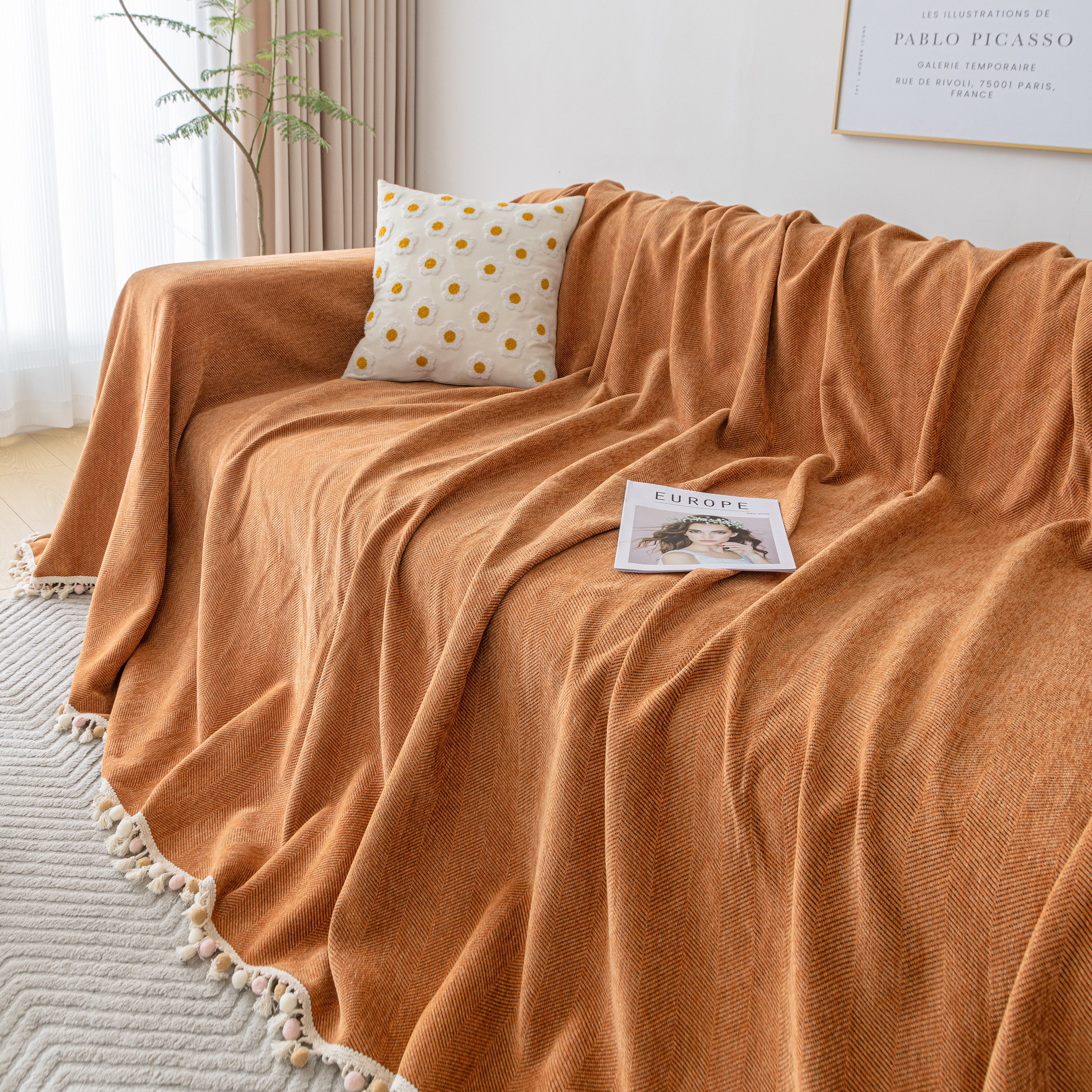 Couch Cover Sectional L Shape Chenille Herringbone Couch Throw Cover with Tassel Pom-Poms for Pets - Image 149