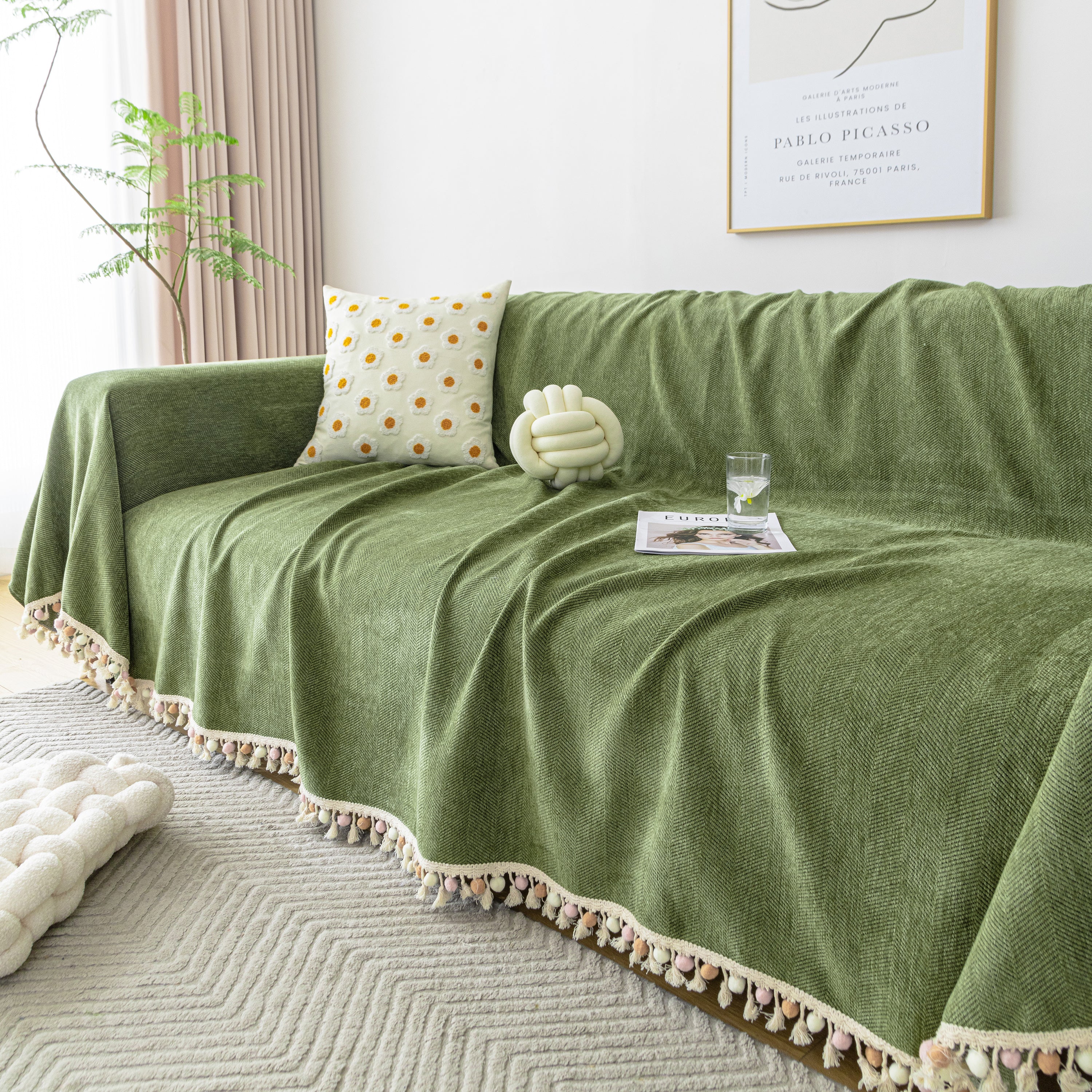 Couch Cover Sectional L Shape Chenille Herringbone Couch Throw Cover with Tassel Pom-Poms for Pets - Image 15