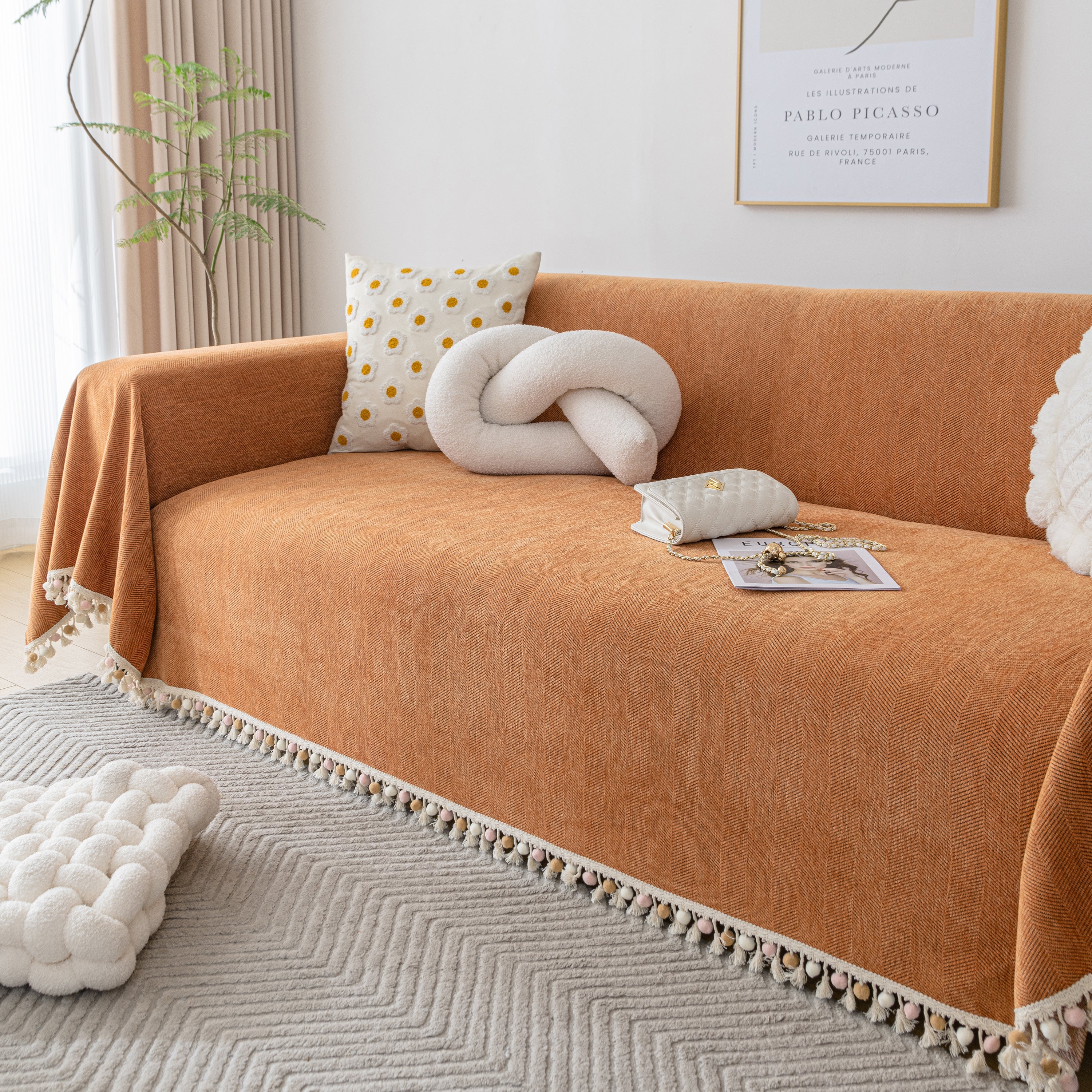 Couch Cover Sectional L Shape Chenille Herringbone Couch Throw Cover with Tassel Pom-Poms for Pets - Image 150