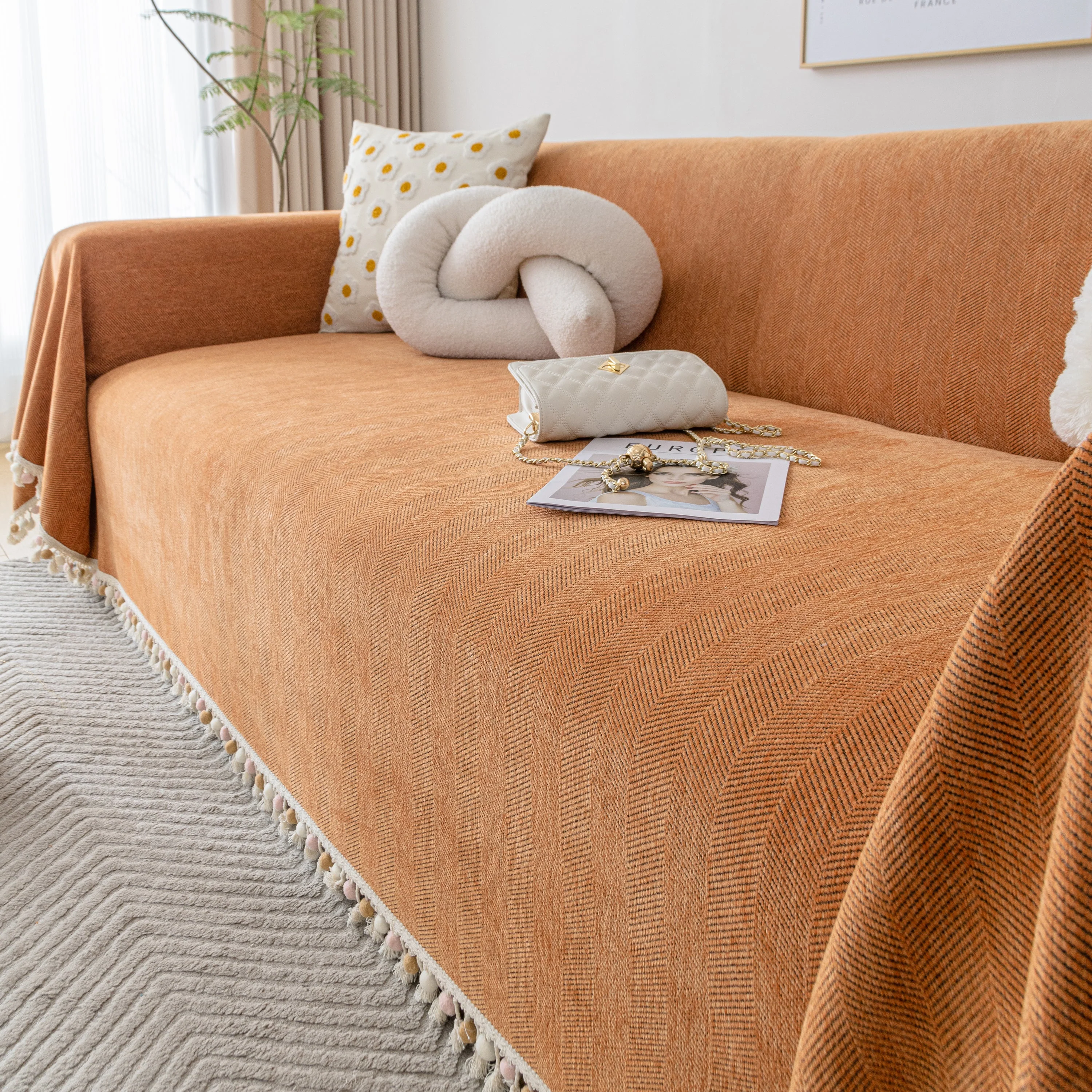 Couch Cover Sectional L Shape Chenille Herringbone Couch Throw Cover with Tassel Pom-Poms for Pets - Image 151