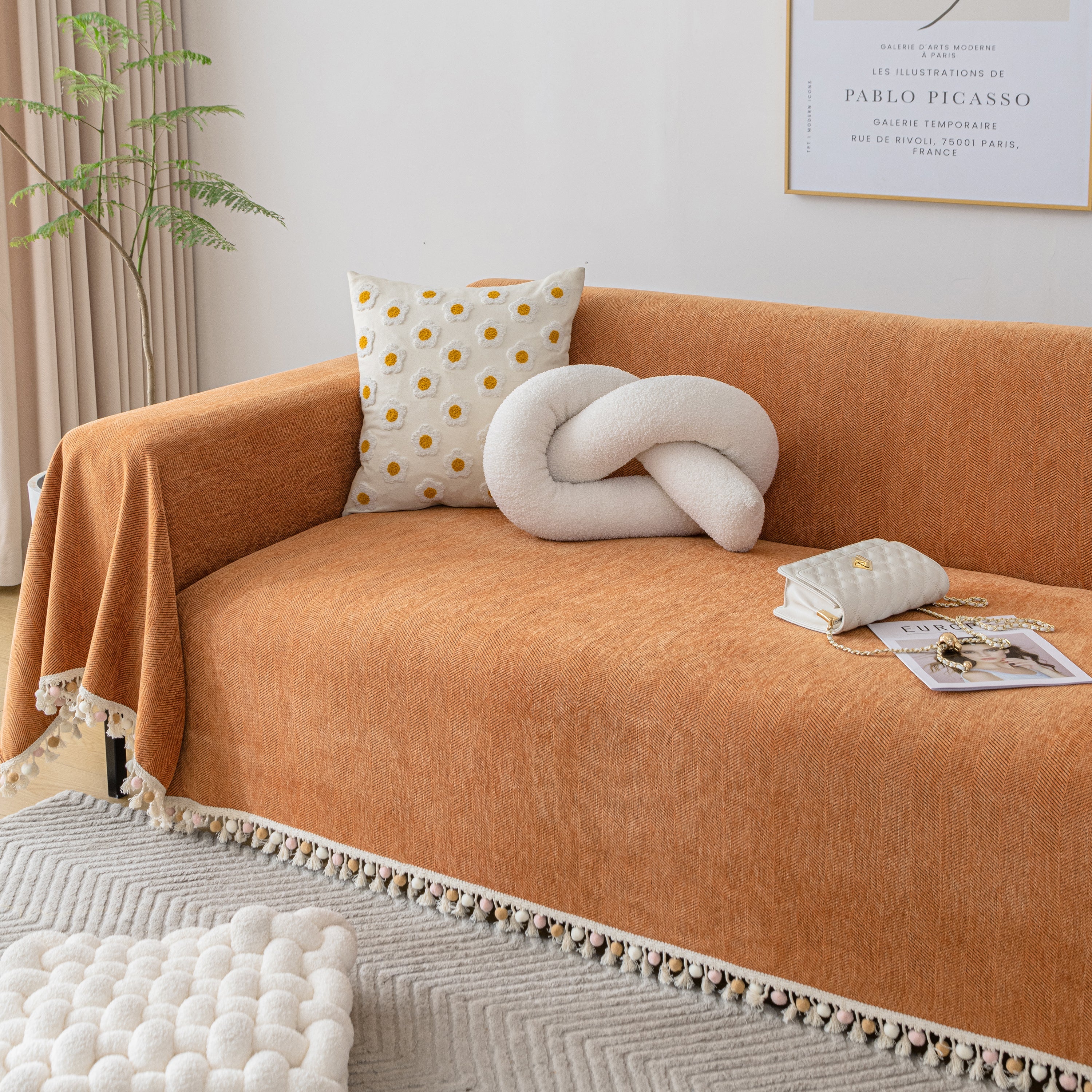 Couch Cover Sectional L Shape Chenille Herringbone Couch Throw Cover with Tassel Pom-Poms for Pets - Image 152
