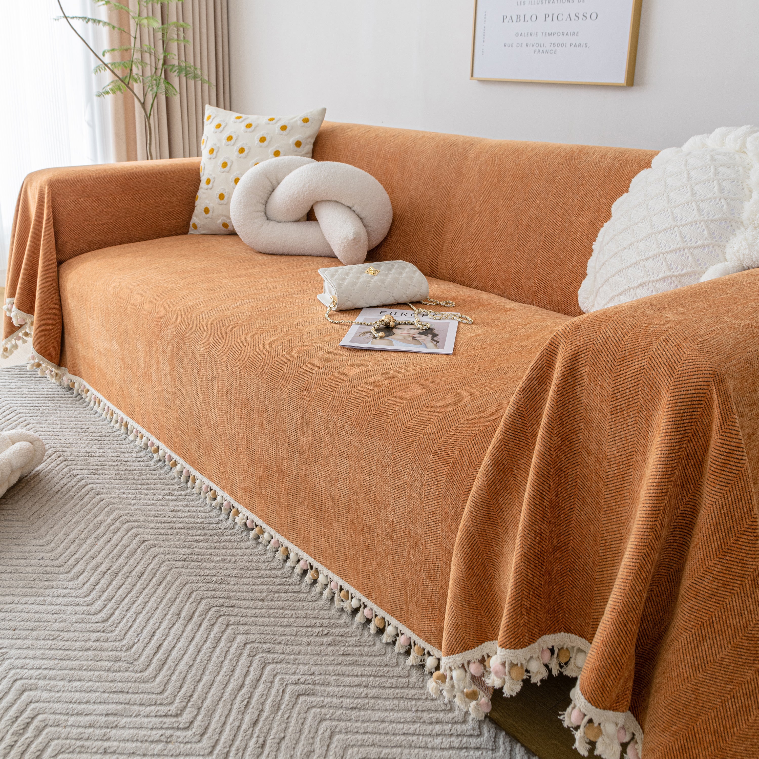 Couch Cover Sectional L Shape Chenille Herringbone Couch Throw Cover with Tassel Pom-Poms for Pets - Image 153