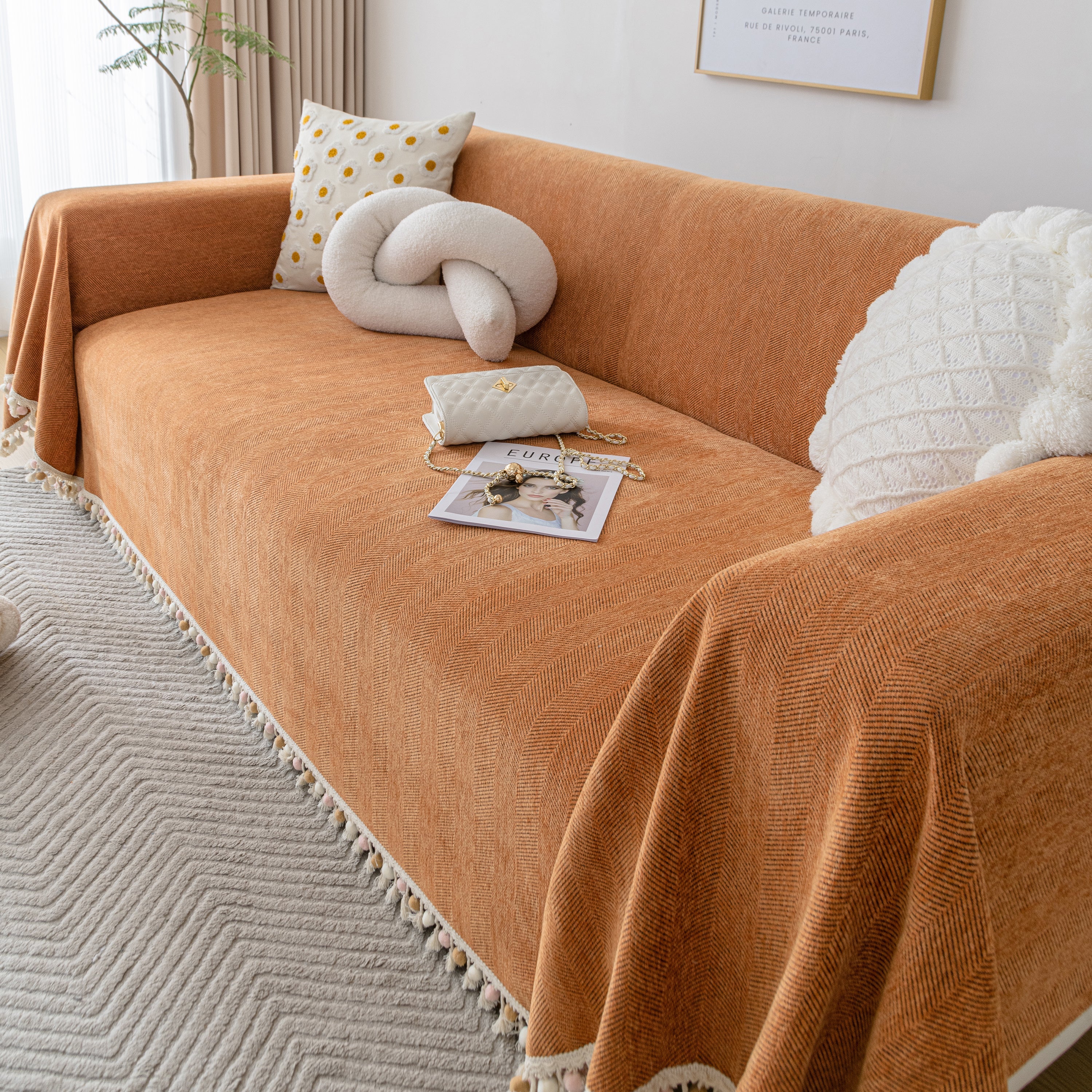 Couch Cover Sectional L Shape Chenille Herringbone Couch Throw Cover with Tassel Pom-Poms for Pets - Image 154