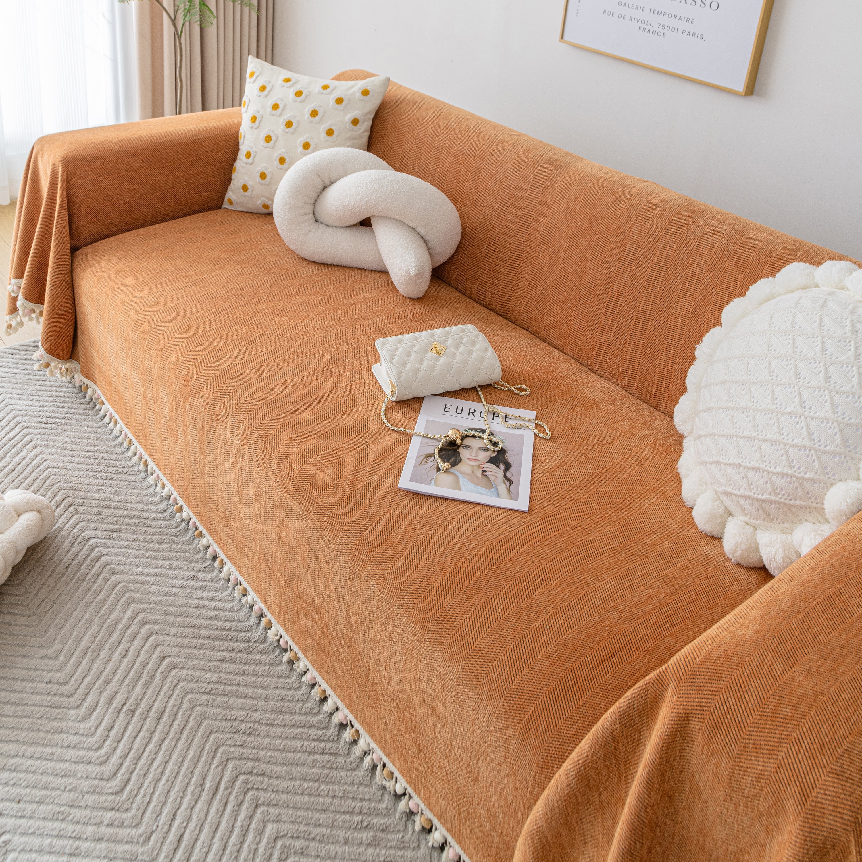 Couch Cover Sectional L Shape Chenille Herringbone Couch Throw Cover with Tassel Pom-Poms for Pets - Image 155