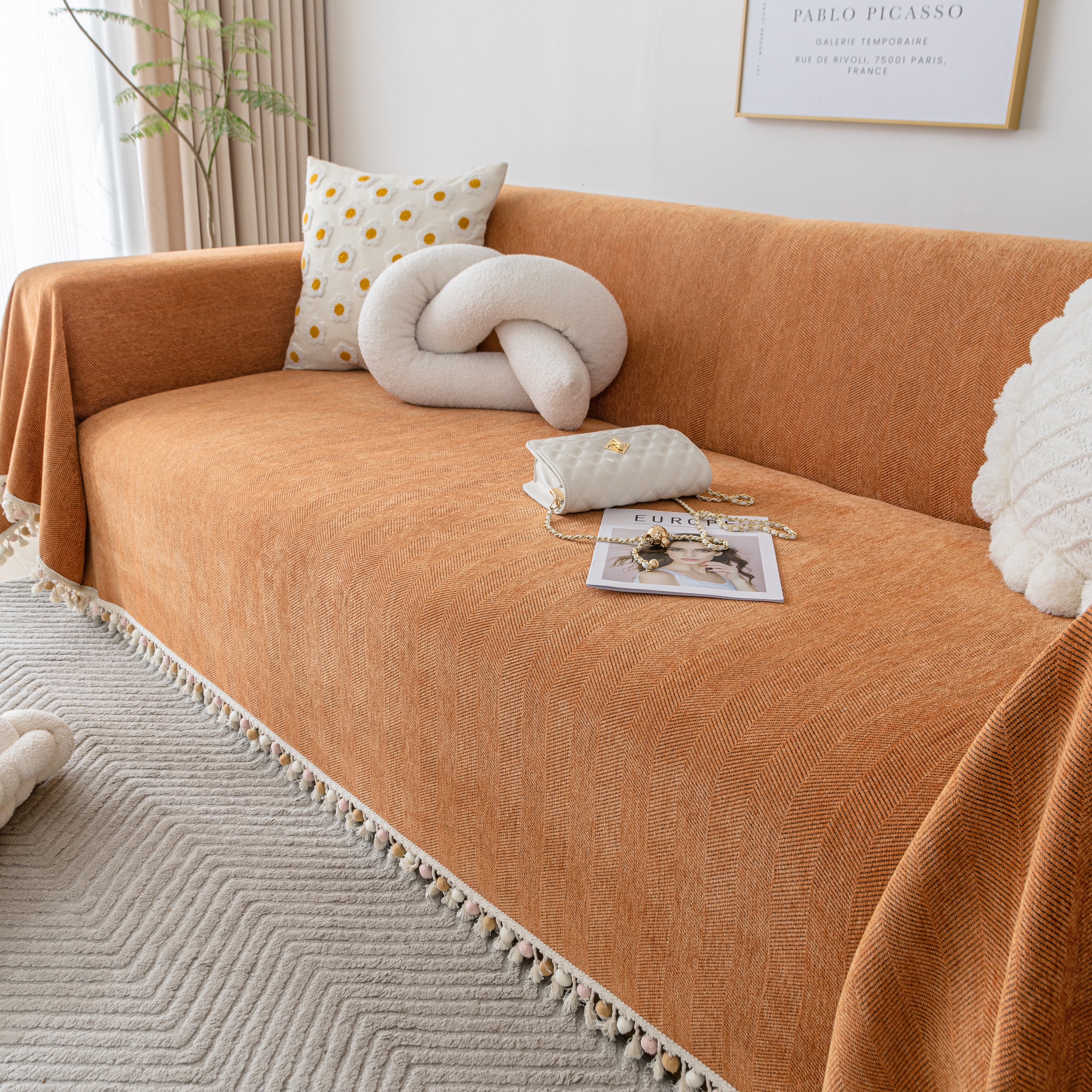 Couch Cover Sectional L Shape Chenille Herringbone Couch Throw Cover with Tassel Pom-Poms for Pets - Image 156