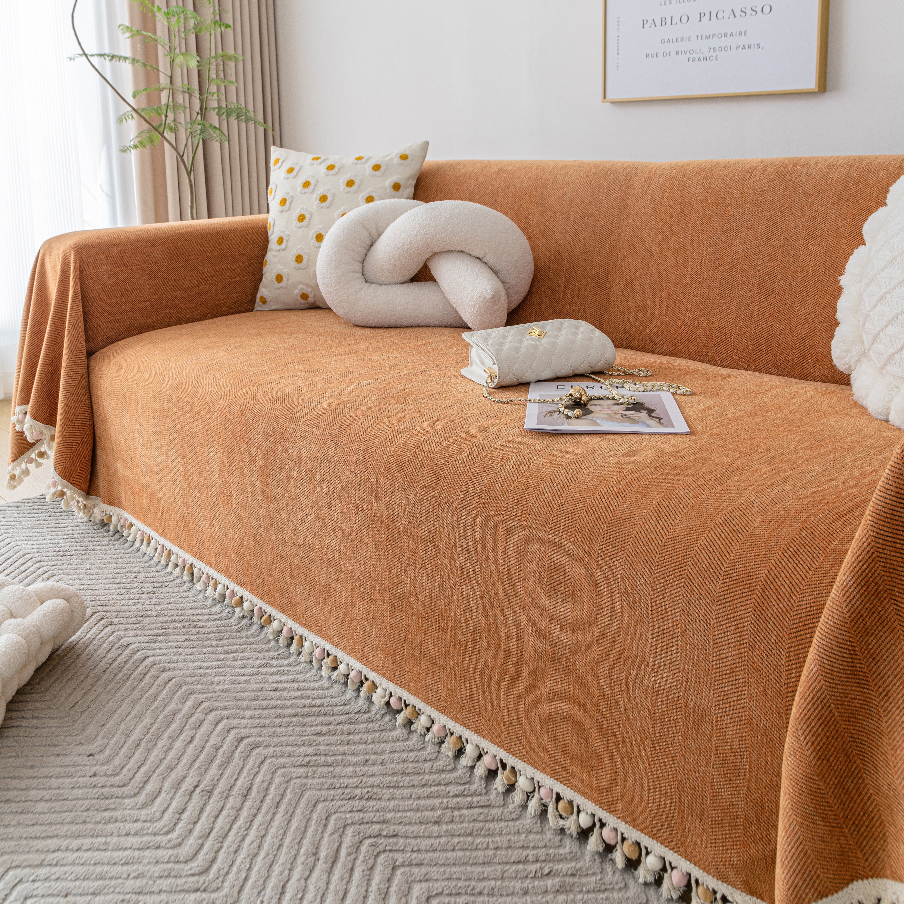 Couch Cover Sectional L Shape Chenille Herringbone Couch Throw Cover with Tassel Pom-Poms for Pets - Image 157