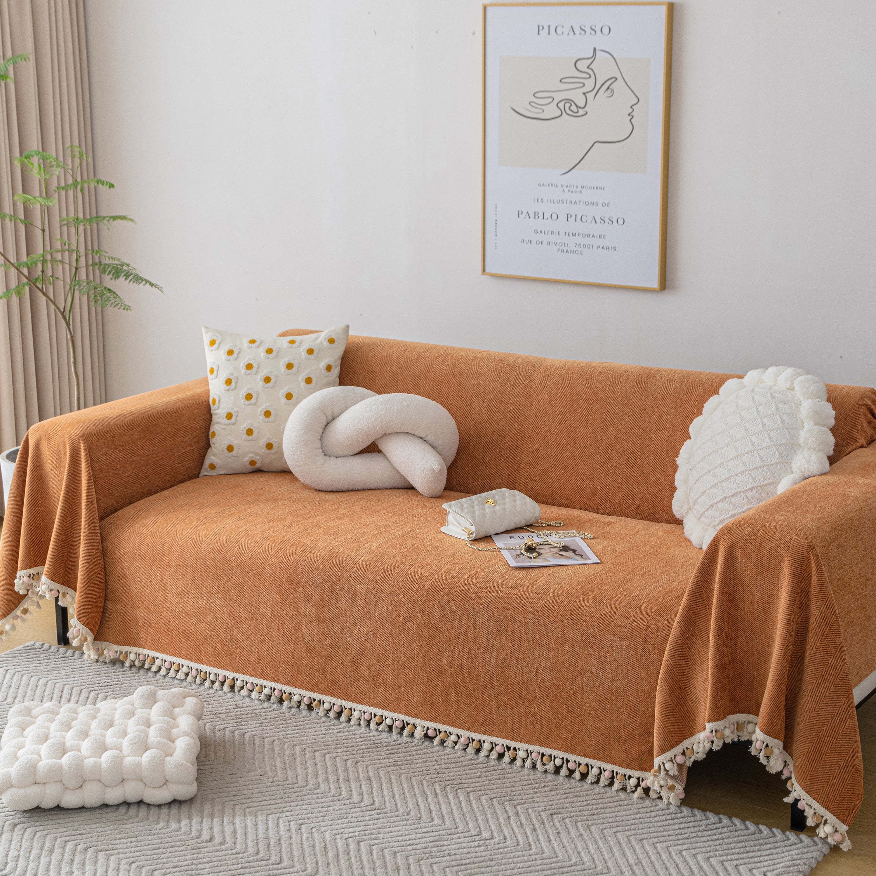 Couch Cover Sectional L Shape Chenille Herringbone Couch Throw Cover with Tassel Pom-Poms for Pets - Image 158