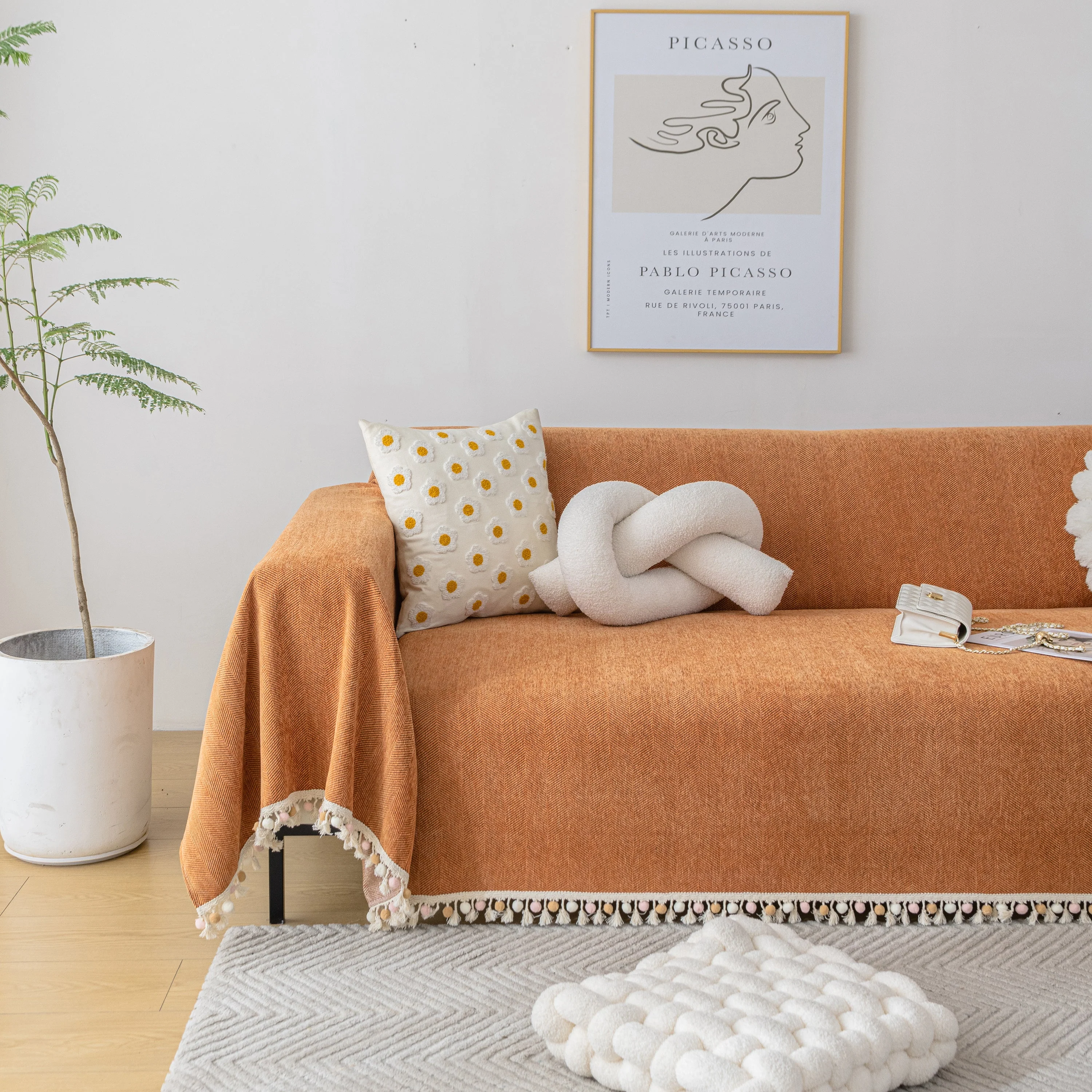 Couch Cover Sectional L Shape Chenille Herringbone Couch Throw Cover with Tassel Pom-Poms for Pets - Image 159