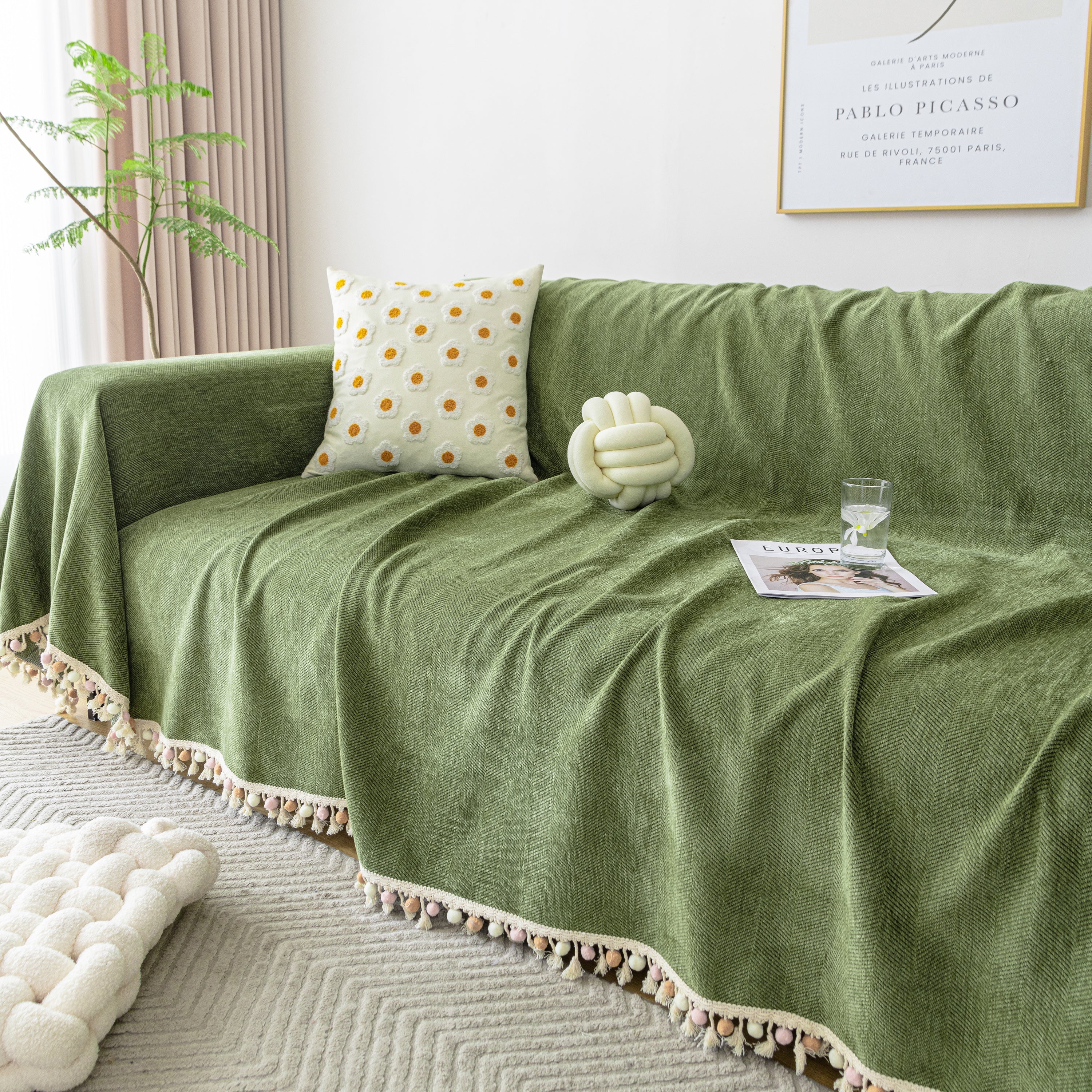 Couch Cover Sectional L Shape Chenille Herringbone Couch Throw Cover with Tassel Pom-Poms for Pets - Image 16
