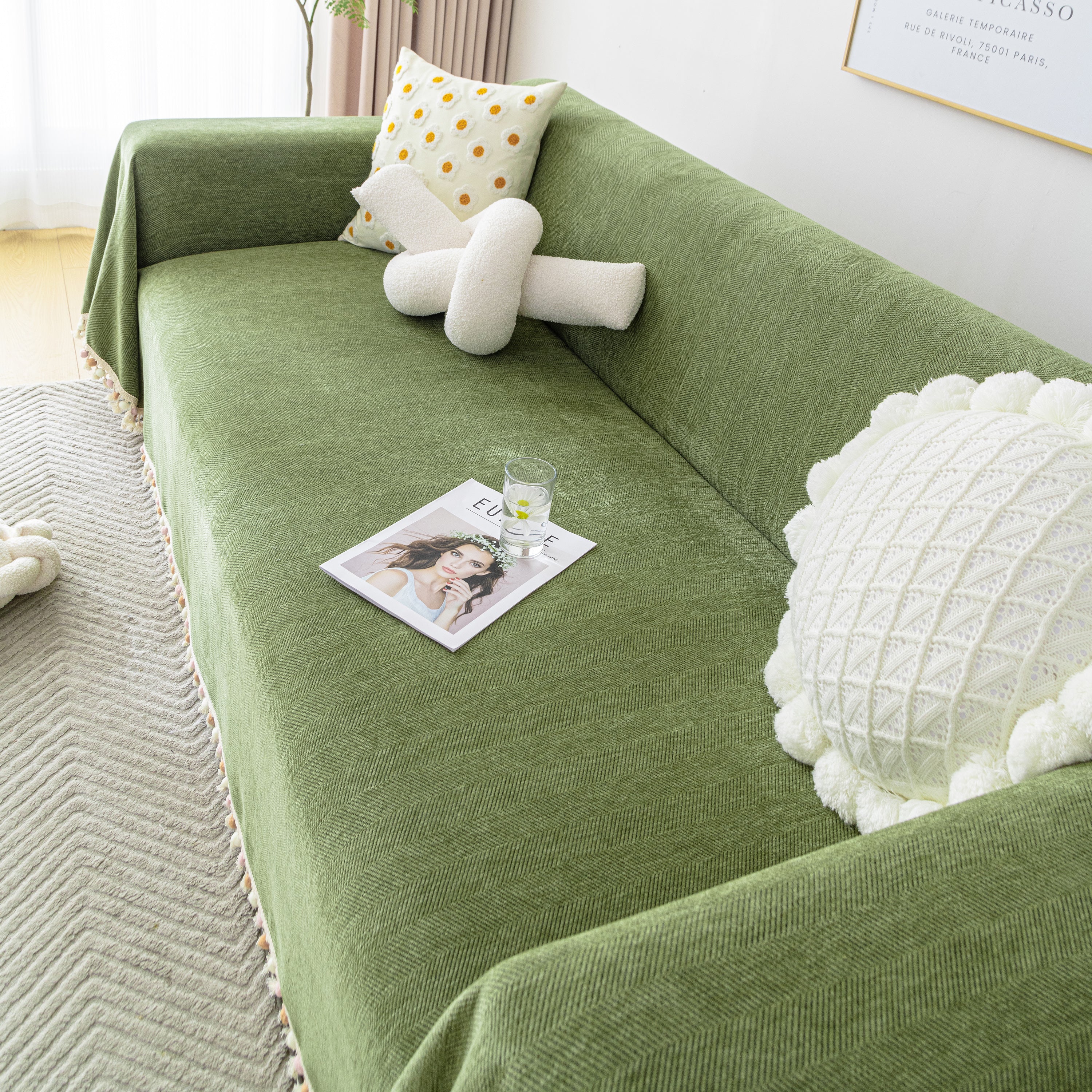 Couch Cover Sectional L Shape Chenille Herringbone Couch Throw Cover with Tassel Pom-Poms for Pets - Image 17