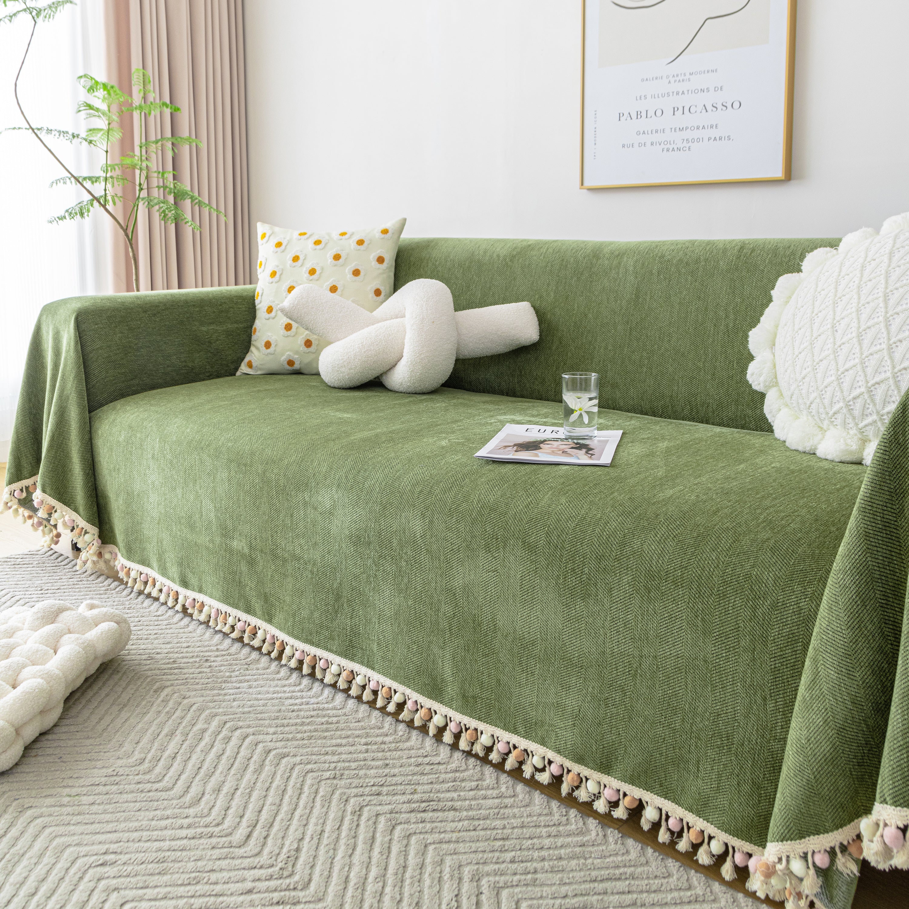 Couch Cover Sectional L Shape Chenille Herringbone Couch Throw Cover with Tassel Pom-Poms for Pets - Image 18