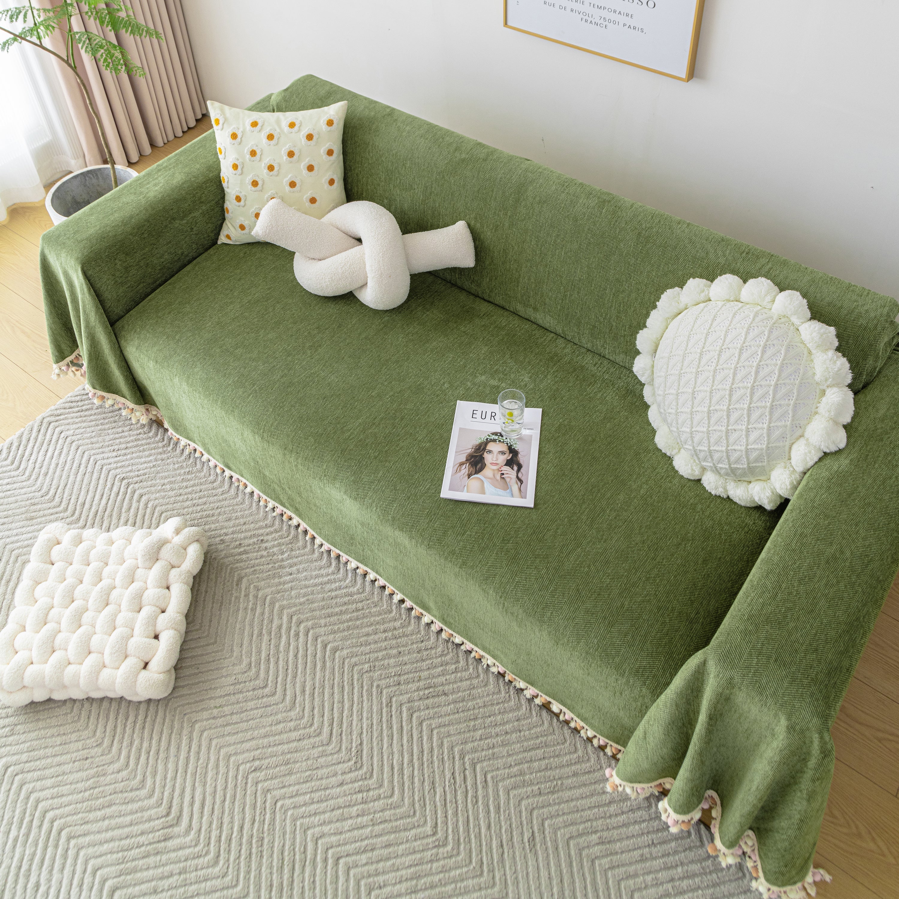 Couch Cover Sectional L Shape Chenille Herringbone Couch Throw Cover with Tassel Pom-Poms for Pets - Image 20