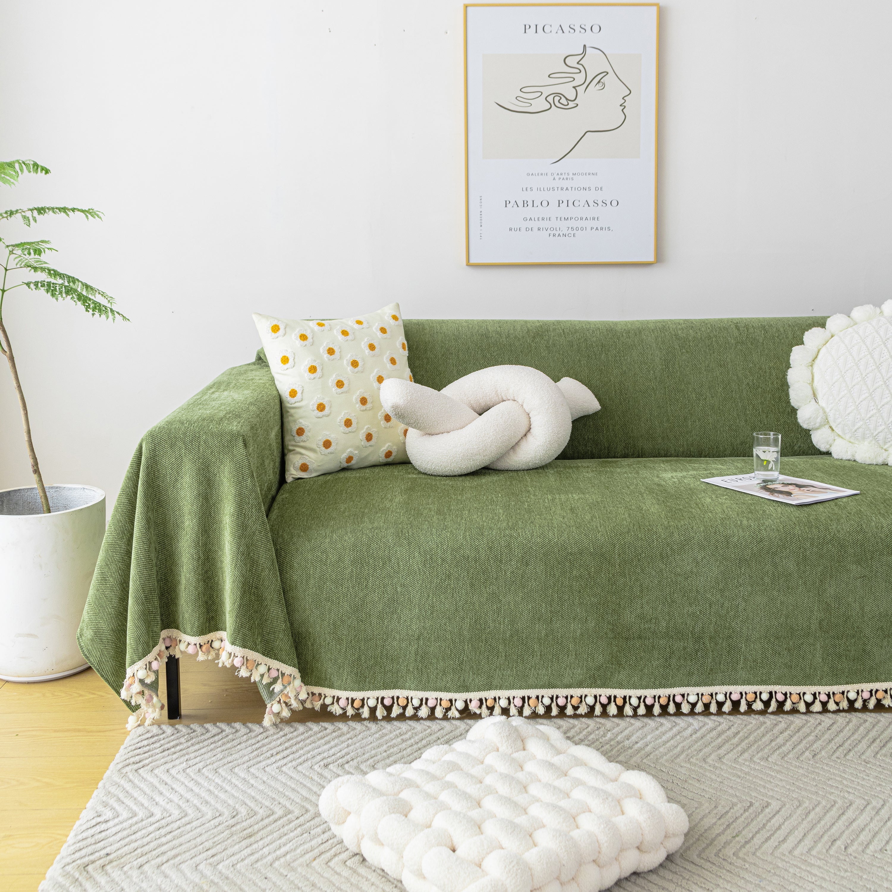 Couch Cover Sectional L Shape Chenille Herringbone Couch Throw Cover with Tassel Pom-Poms for Pets - Image 21