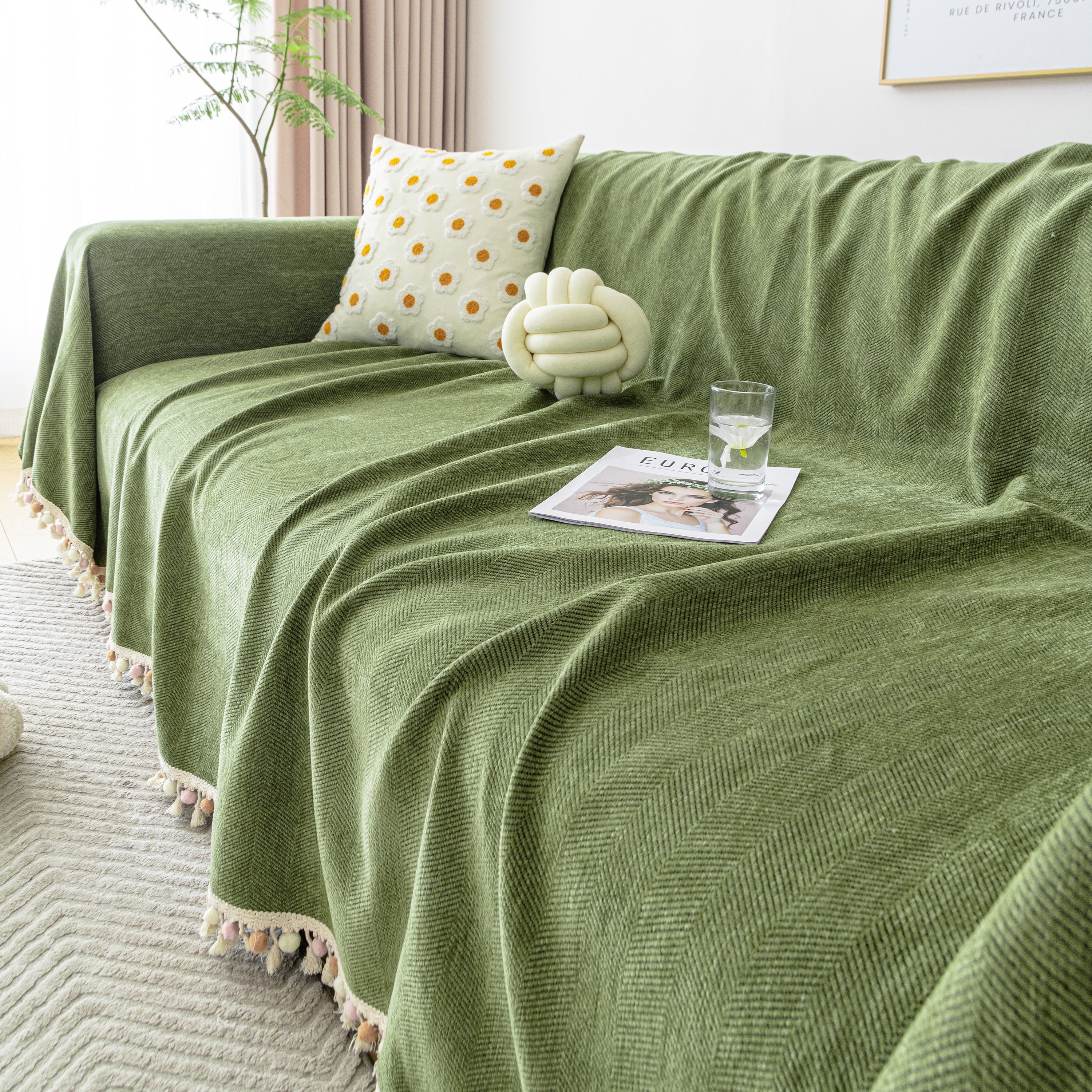 Couch Cover Sectional L Shape Chenille Herringbone Couch Throw Cover with Tassel Pom-Poms for Pets - Image 27