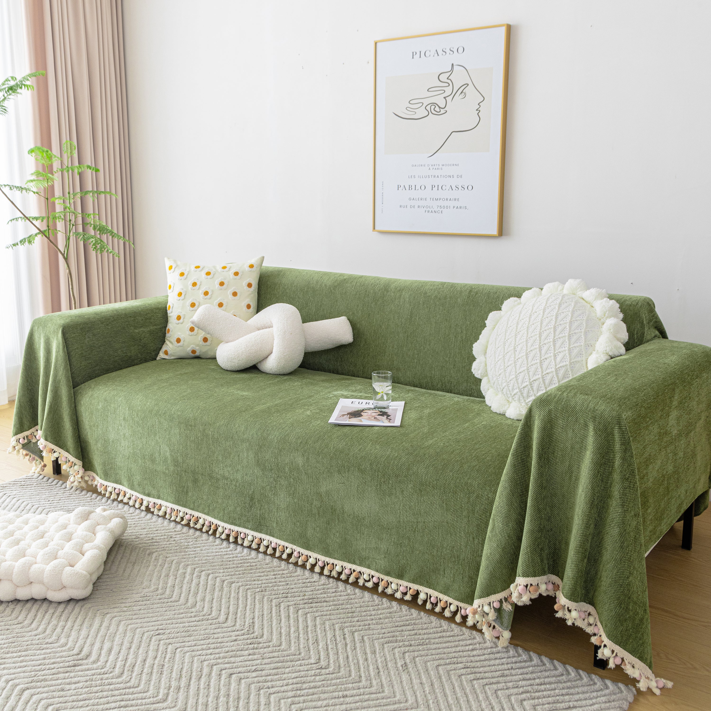 Couch Cover Sectional L Shape Chenille Herringbone Couch Throw Cover with Tassel Pom-Poms for Pets - Image 3